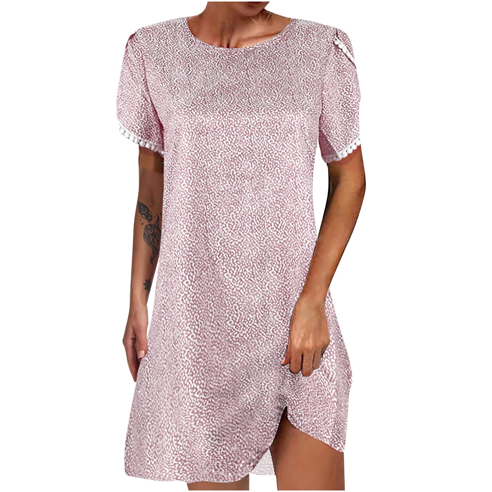 Elegant Women's Floral Printed Lace Round Neck Short Sleeve Mini Dress - Casual & Dressy Tops for Party, Date Night & Summer Outfits