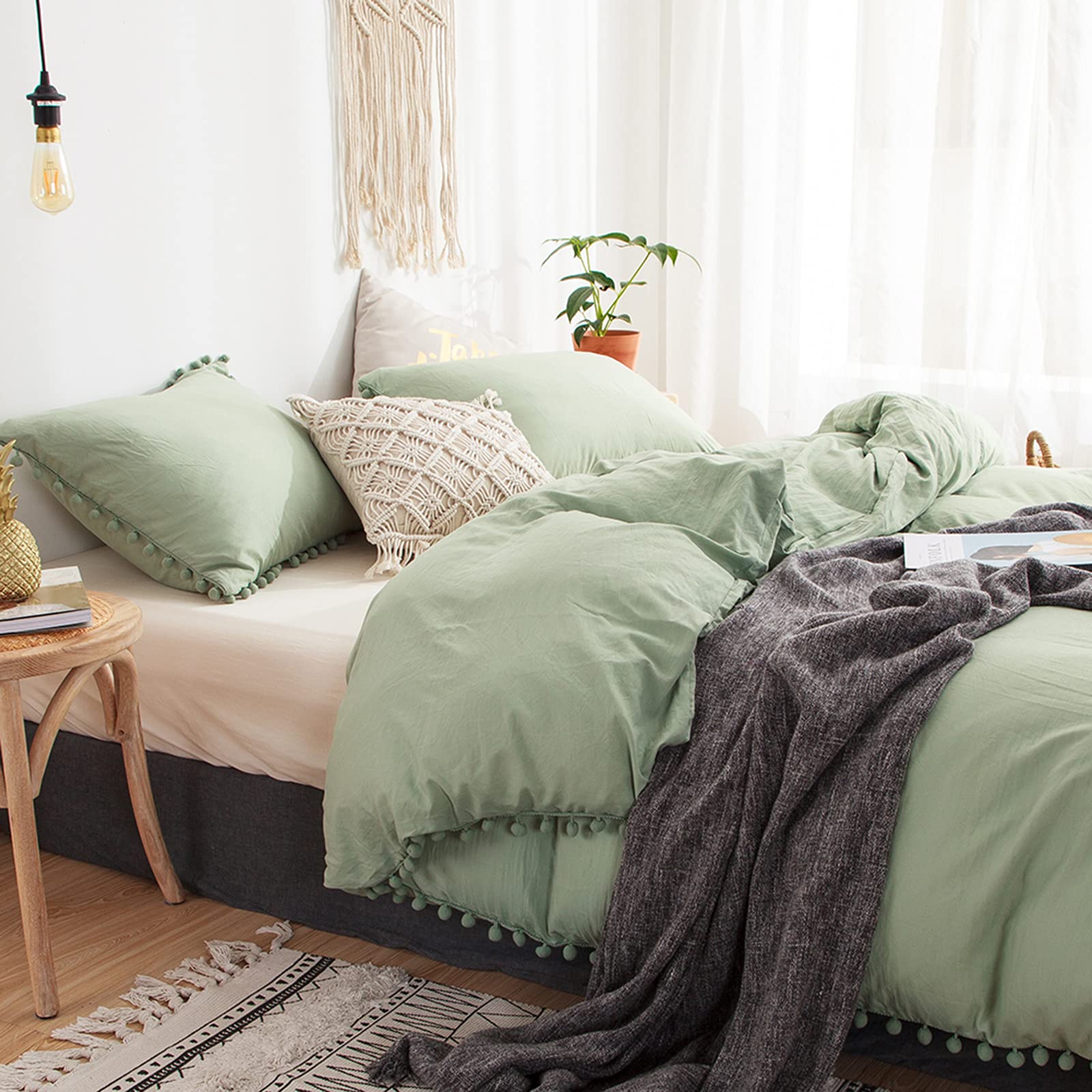 Sage Green Duvet Cover Set - King Size Boho Bedding for Farmhouse Decor