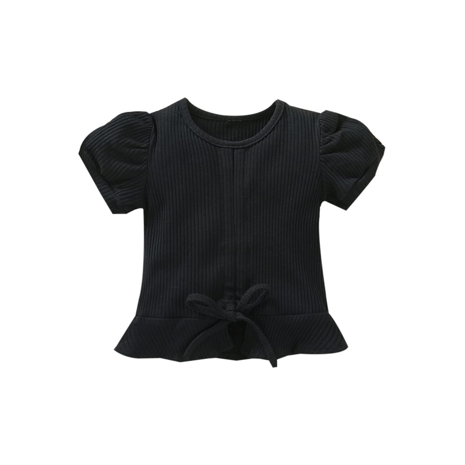 Baby Ribbed Cotton T-Shirt for Toddler Girls - Soft Summer Casual Top with Solid Color & Bandage Design - Perfect for Playdates, Daycare & Outdoor Activities