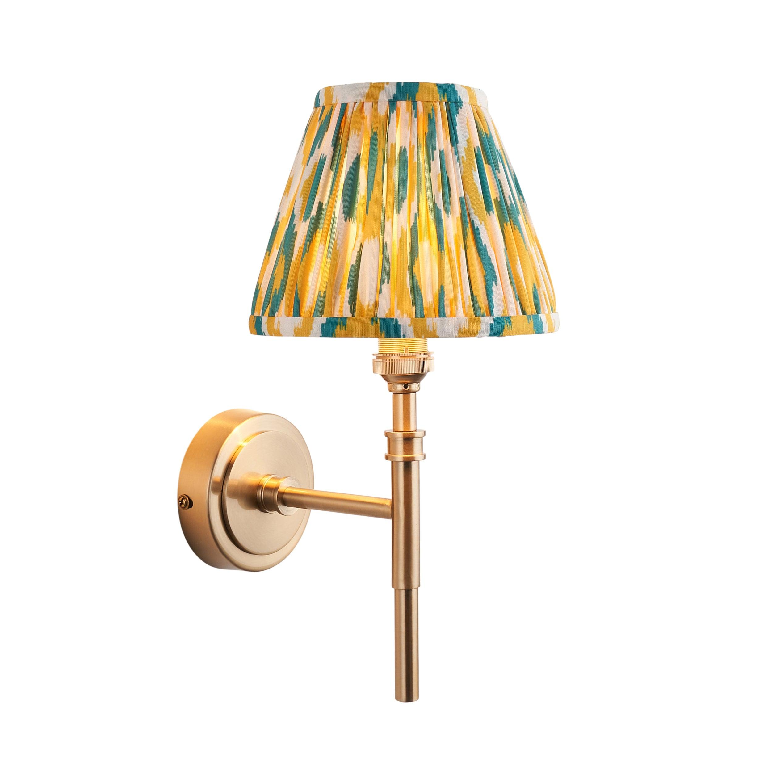 Chester Brass Wall Light with Yellow & Jade Ikat 16cm Shade - Elegant Vintage Sconce for Bedroom, Hallway & Porch Lighting