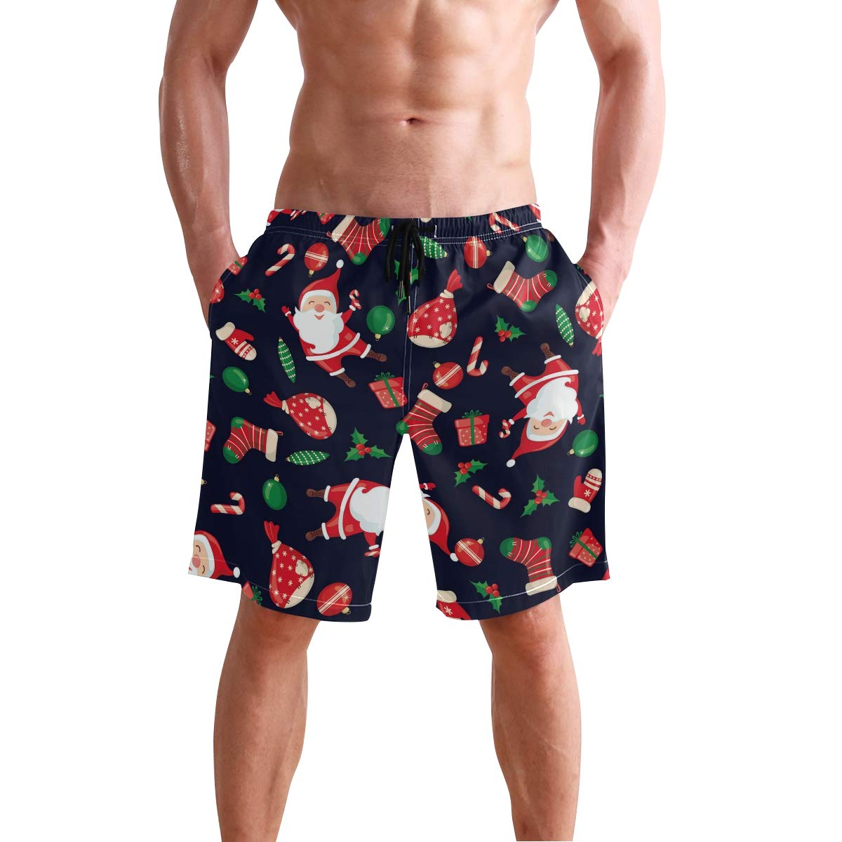 Santa Claus Men's Beach Shorts - Quick Dry Swim Trunks with Stripes, Casual Polyester Swimwear for Swimming, Vacation & Christmas Parties