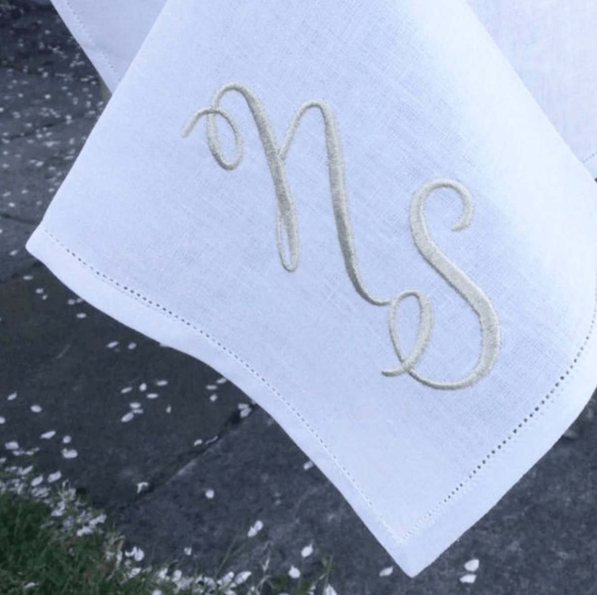 Elegant Hemstitched White Linen Tablecloth with Silver Script Monogram - Perfect for Weddings, Dinner Parties & Formal Dining