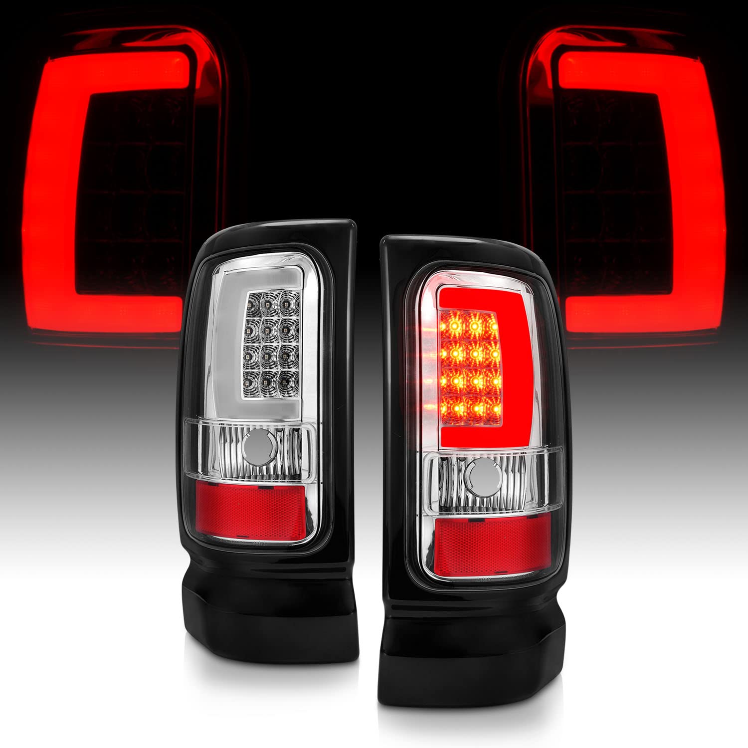 1994-2001 Dodge Ram 1500/2500/3500 Truck Chrome C-Bar LED Tail Lights - Pair (Left & Right) for Enhanced Visibility & Style - Perfect for Night Driving & Custom Truck Upgrades