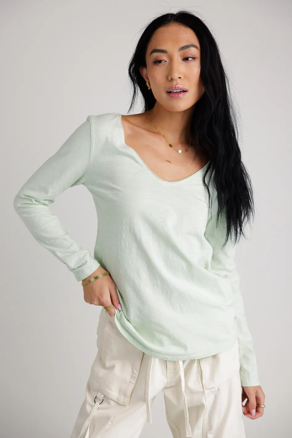 Long Sleeve V Neck T-Shirt in Mint Green - Soft Cotton Casual Top for Women | Perfect for Layering, Office Wear & Everyday Comfort