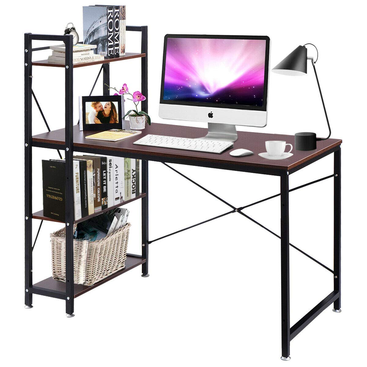 Modern Brown Computer Desk with 4-Tier Shelves - Sturdy PC Workstation & Study Table for Home Office - Space Saving Design - Perfect for Small Spaces, Gaming Setup & Remote Work (U.S. Stock)