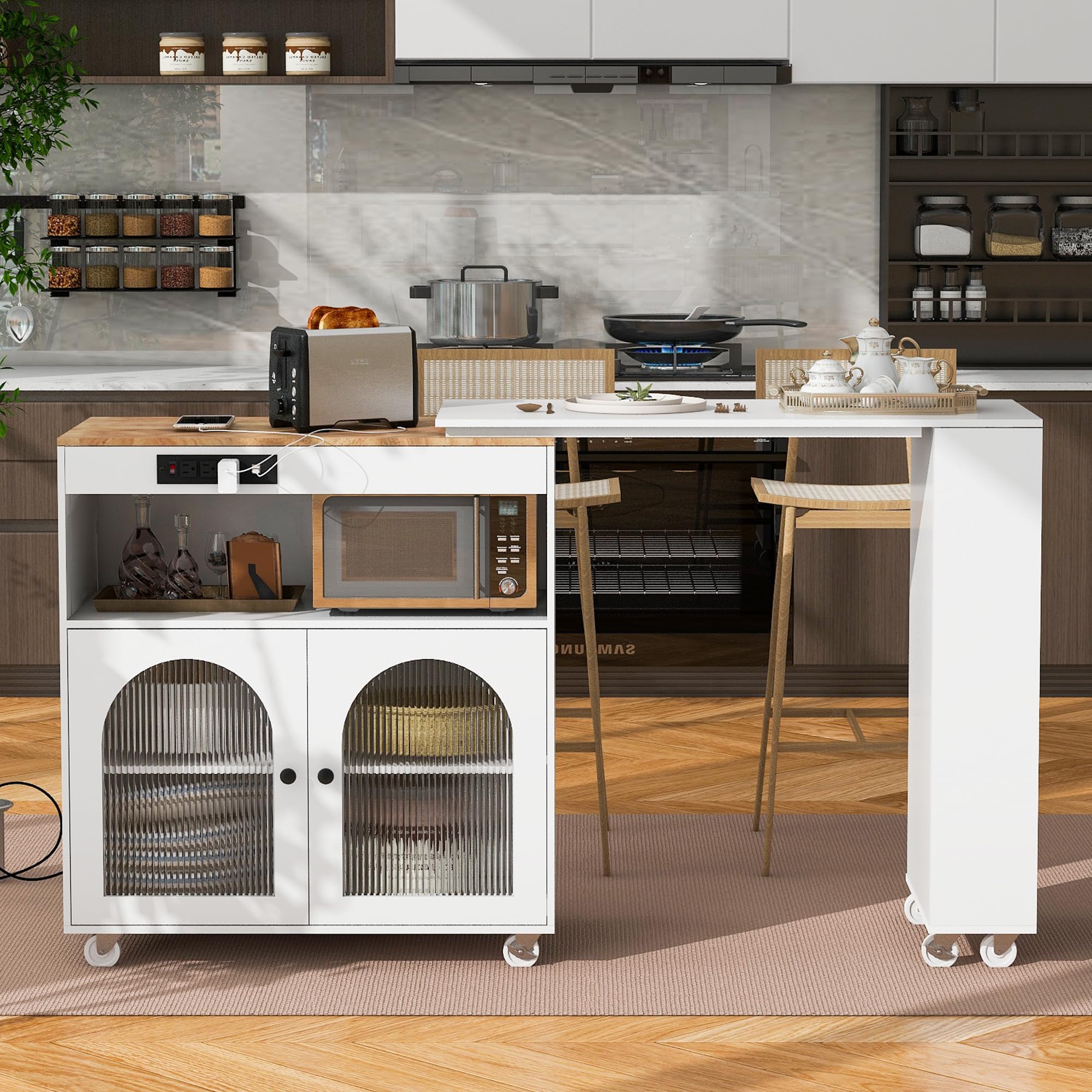 RUNNA White Rolling Kitchen Island with Extendable Table, LED Lights & Power Outlets - Mobile Kitchen Cart with 2 Fluted Glass Doors, Storage Compartment & 3 Open Shelves - Perfect for Small Kitchens, Apartments & Food Prep Stations