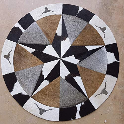 Handmade Round Patchwork Cowhide Rug with Star Design - 4x4 ft Brown Black Ivory Leather Area Rug for Living Room, Bedroom & Boho Decor