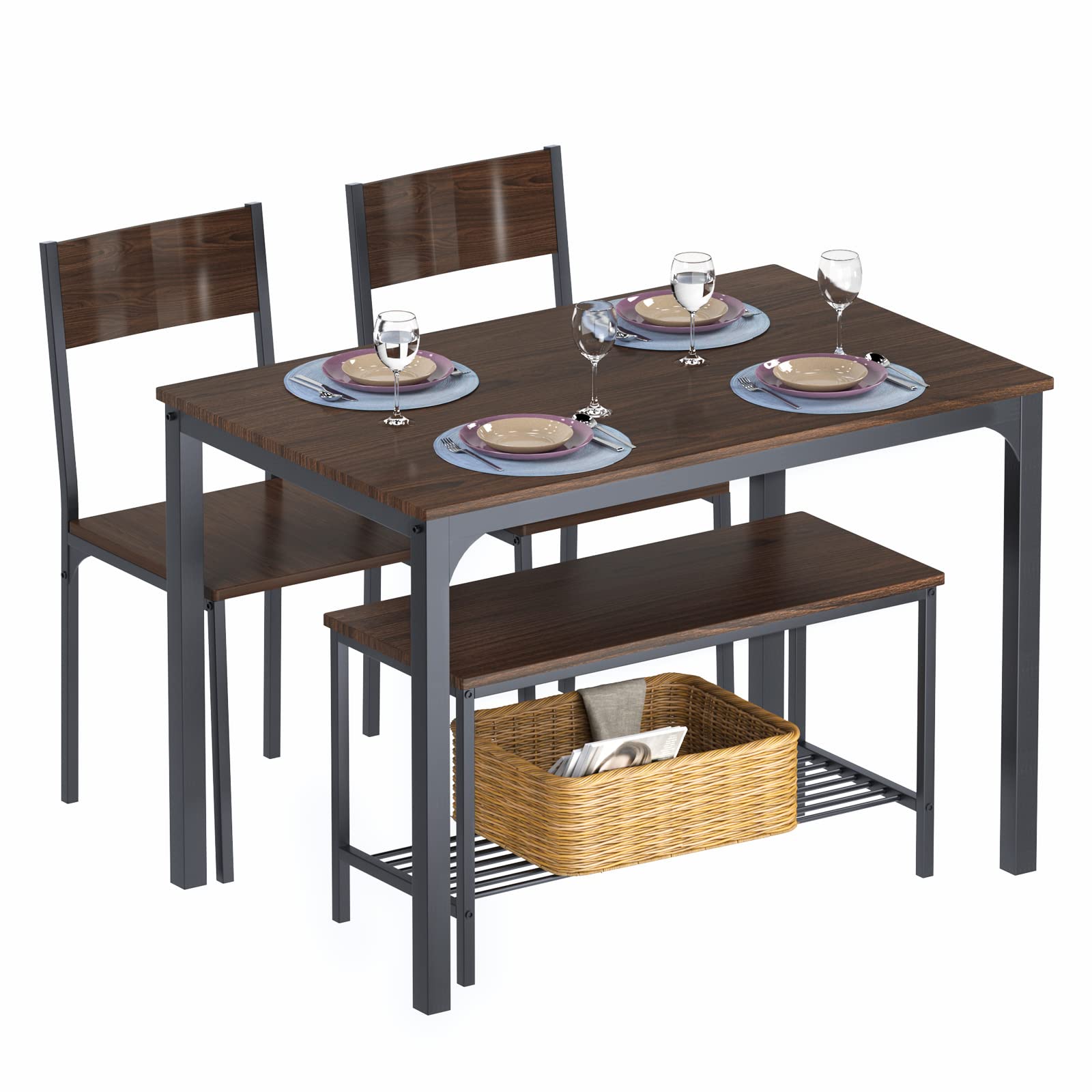 DlandHome 4-Piece Dining Table Set with Chairs & Bench - Space-Saving Rectangular Kitchen Table for Small Spaces | Perfect for Breakfast Nook, Apartment Dining & Compact Kitchens
