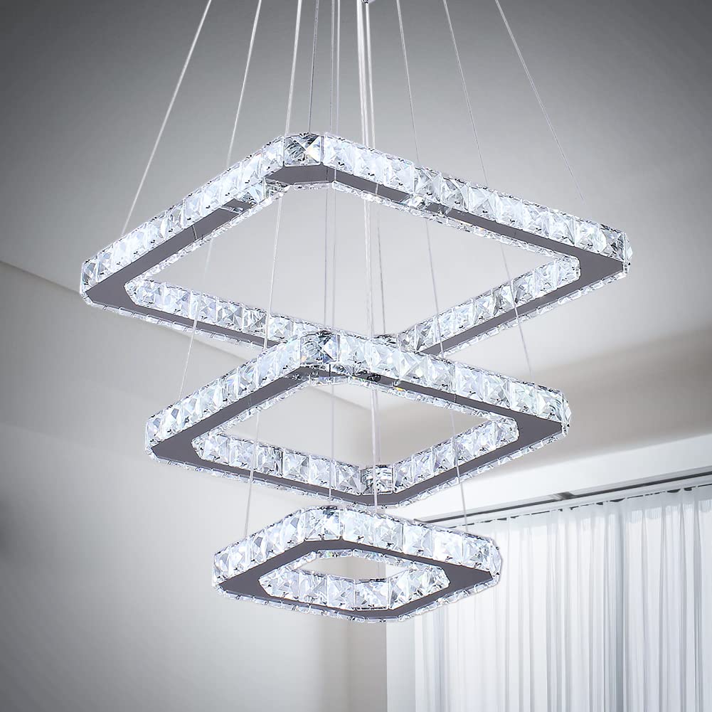 Modern Crystal Chandelier - 3-Tier Square LED Ceiling Light Fixture with Adjustable Pendant, 6500K Cool White - Perfect for Dining Room, Bedroom, Kitchen & Living Room Lighting Decor