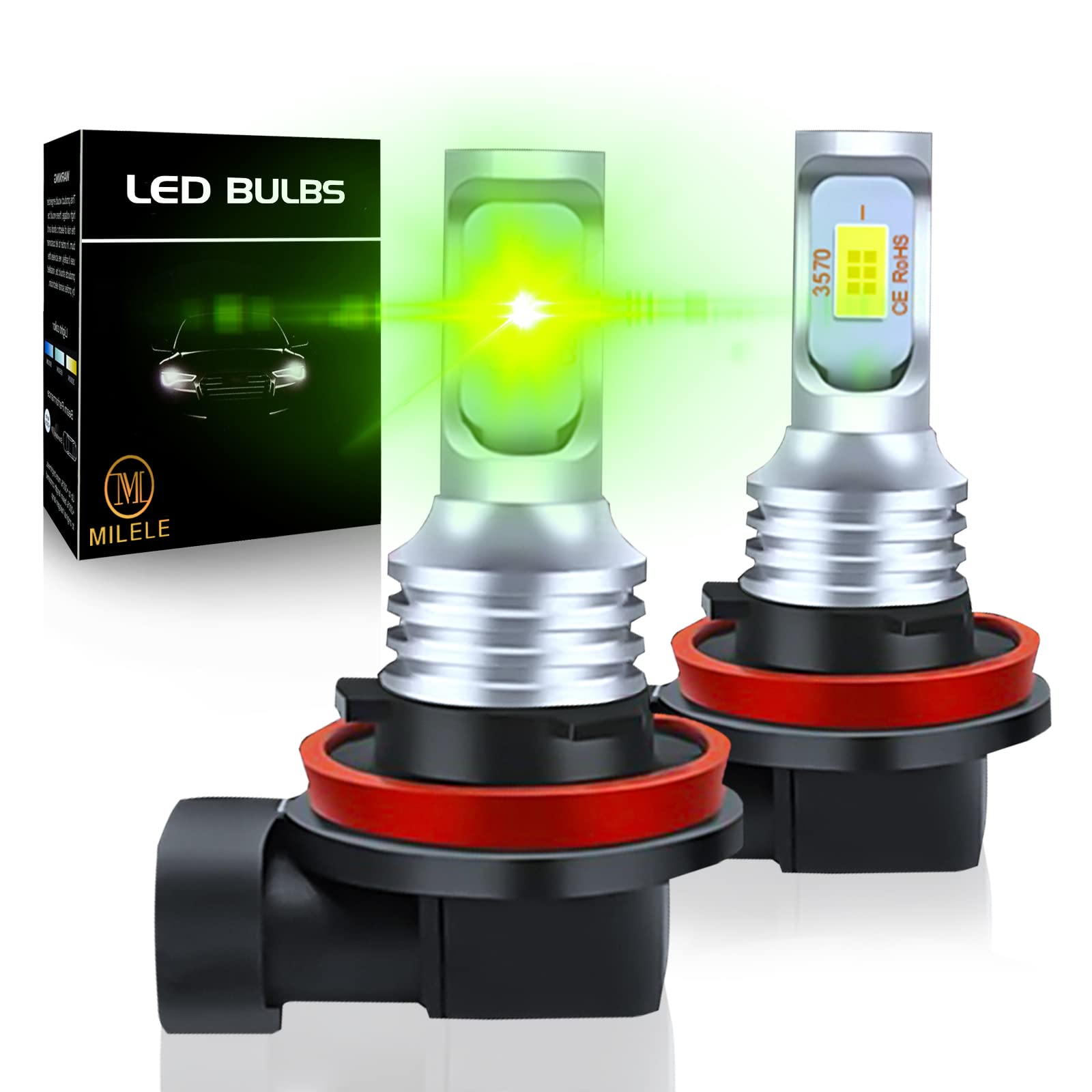 MILELE H11 H8 LED Fog Light Bulbs - 4000LM Super Bright Lemon Green, 300% Brighter, Plug & Play Replacement for Cars, Trucks, Motorcycles (Pack of 2) - Perfect for Night Driving, Off-Roading & Enhanced Visibility in Foggy Conditions