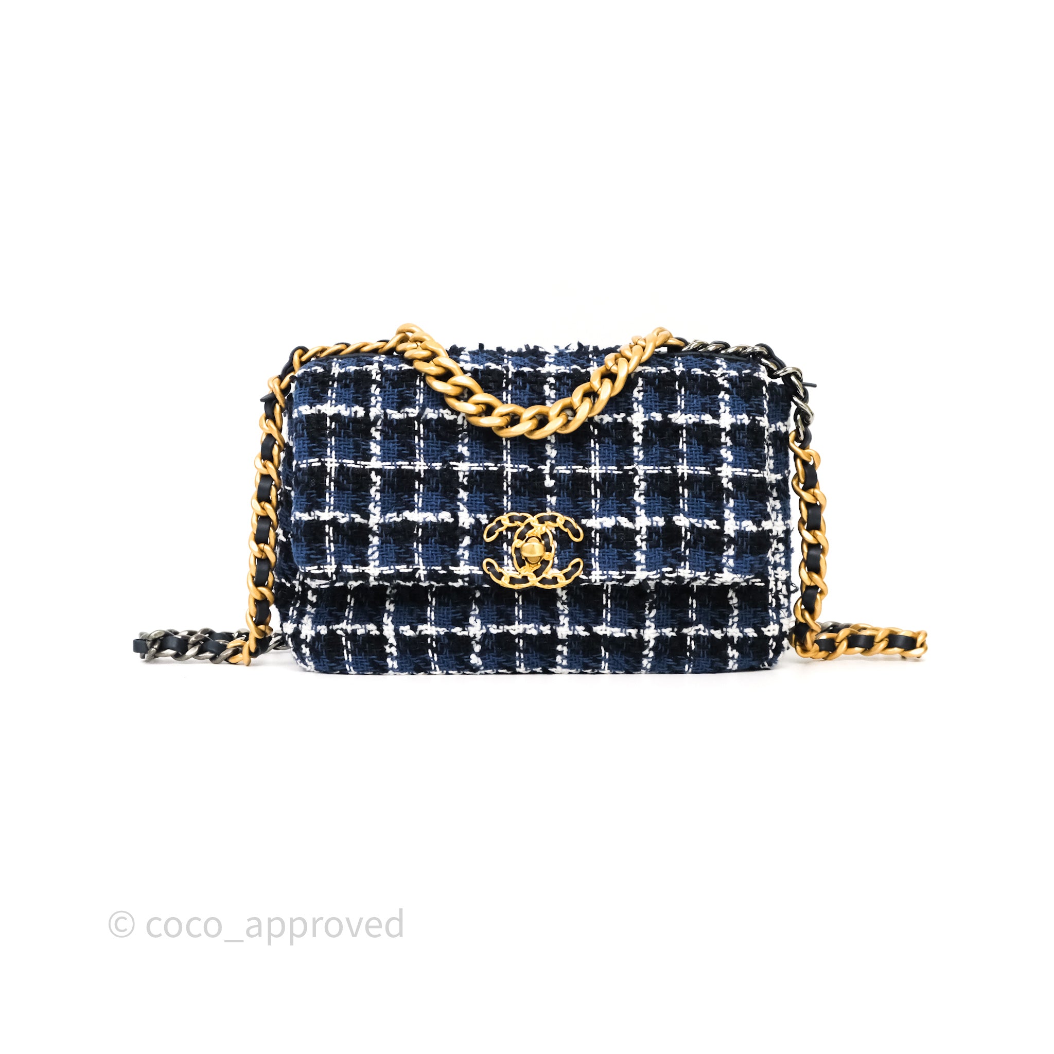 Chanel 19 Small Handbag in Blue, White & Black Grid Tweed with Mixed Hardware - Perfect for Work, Travel & Evening Events