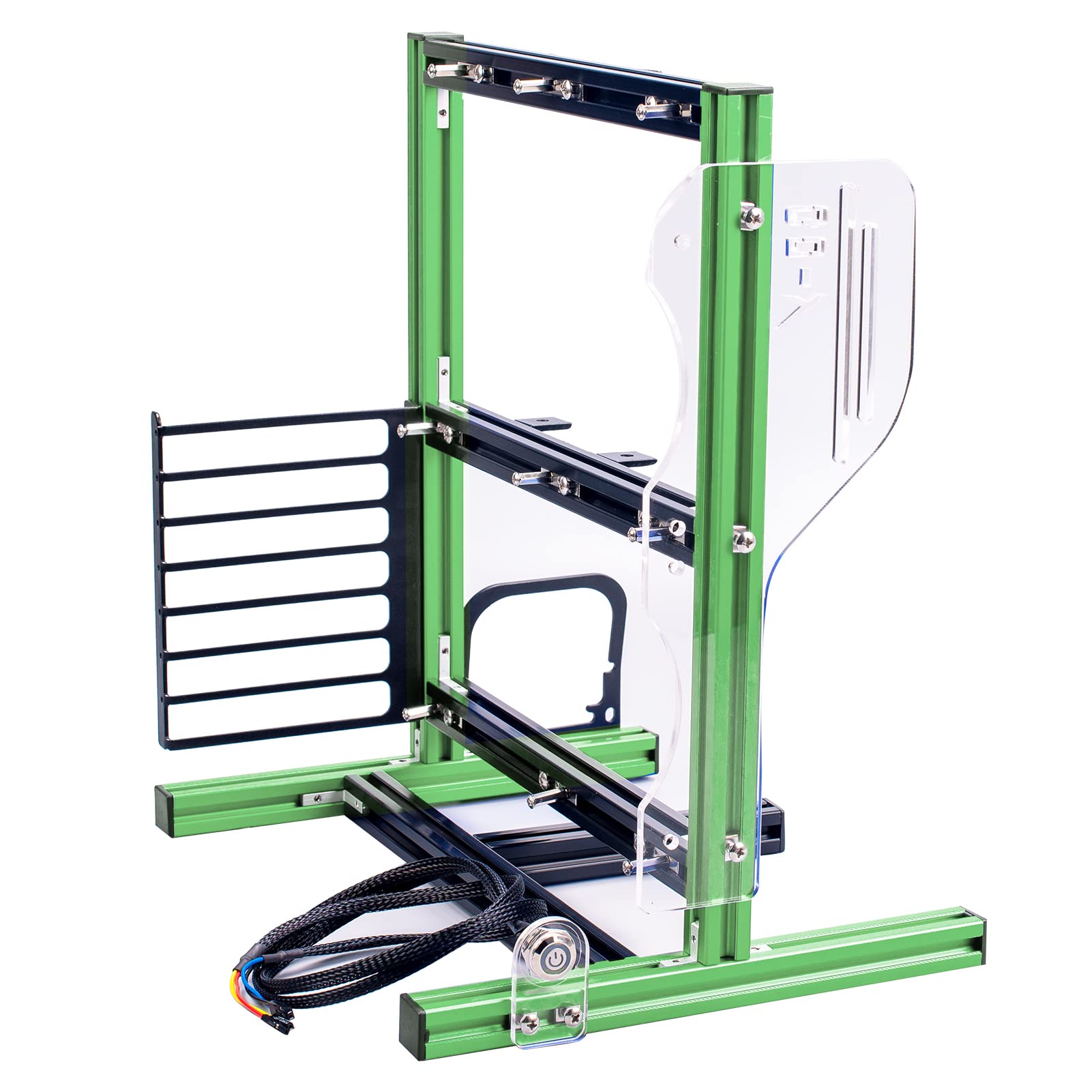 DIY ITX MATX ATX Open Air Computer Case - Aluminum Open Frame PC Test Bench with Vertical Motherboard Mount - Green & Black Chassis for Gaming Rigs & PC Building Projects - Perfect for Tech Enthusiasts & Custom PC Setups