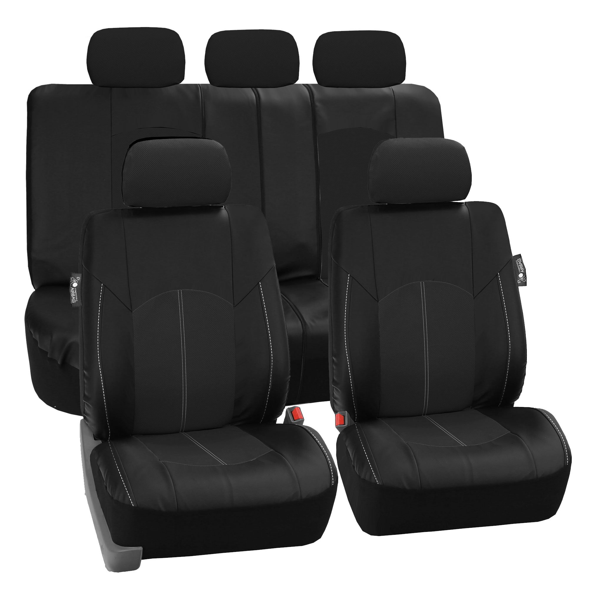 Premium Faux Leather Car Seat Covers - Universal Fit for Cars, Trucks & SUVs | Black & Tan Split Bench Design | Airbag Compatible & Non-Slip Dash Grip Pad Included | Ideal for Daily Commute, Road Trips & Vehicle Protection