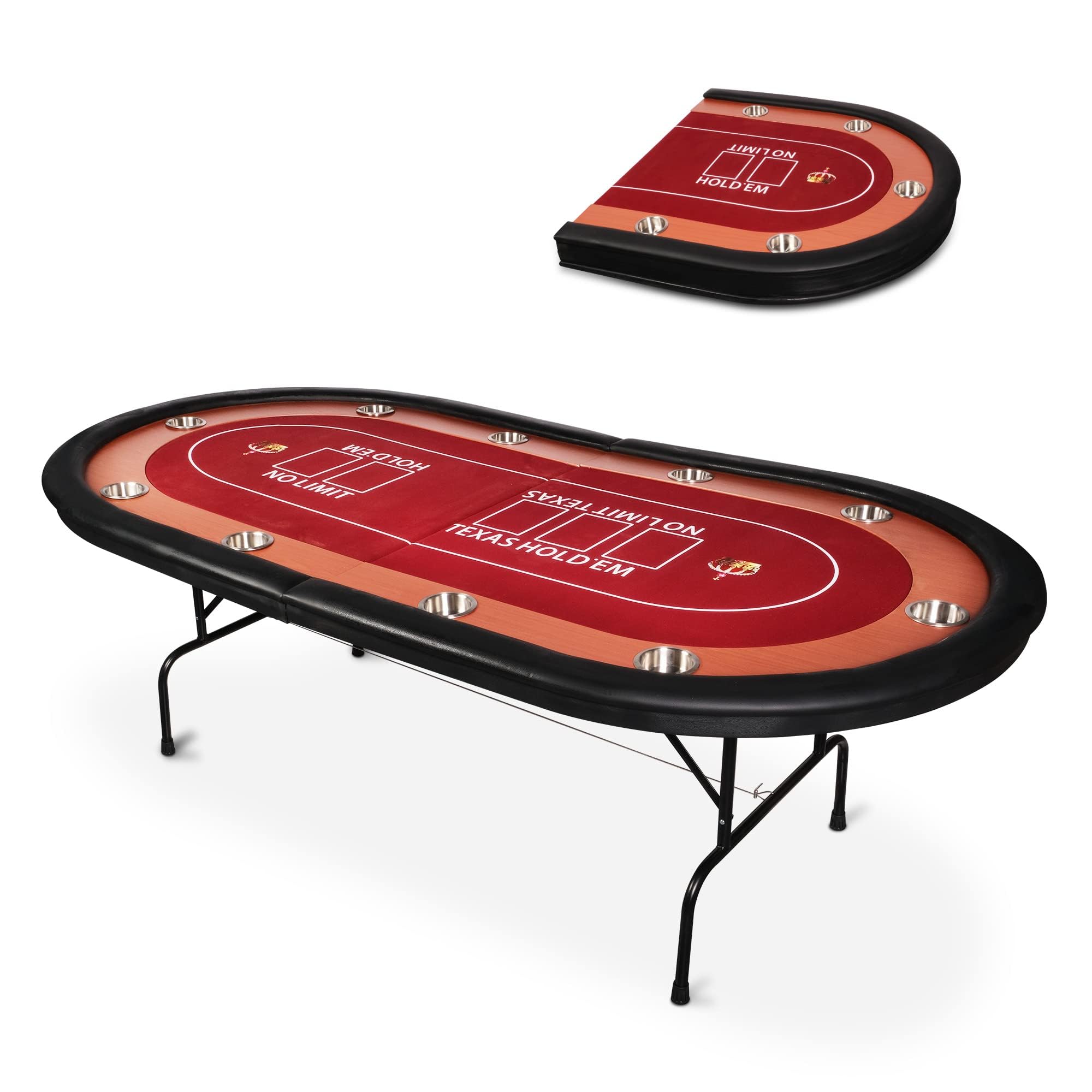 91'' Foldable Poker Table for 10 Players - Texas Hold'em, Blackjack & Casino Card Games - Portable Folding Design with Padded Rails, Cup Holders & Red Felt Surface - Perfect for Home Game Nights, Poker Parties & Casino-Themed Events
