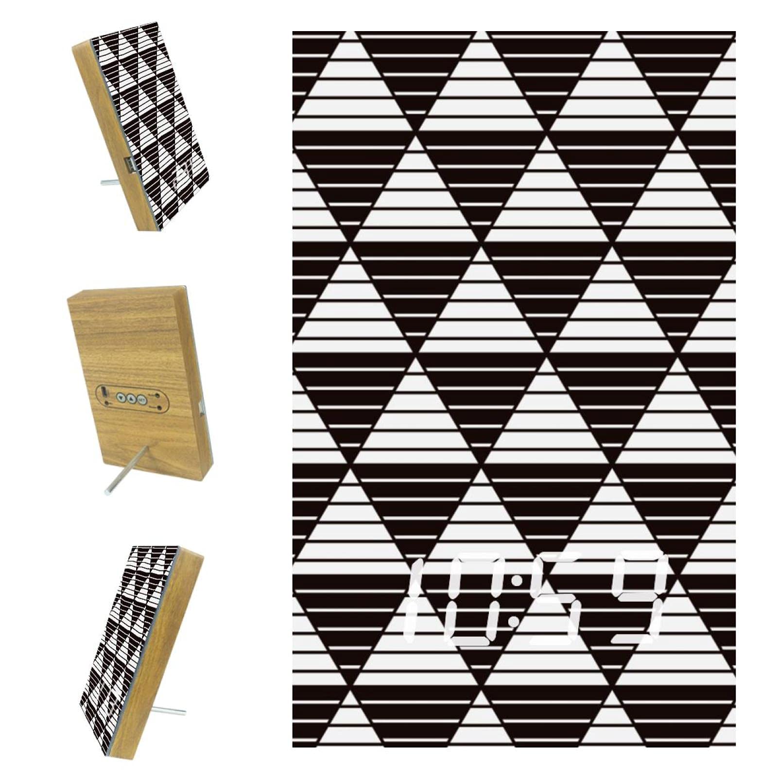 Modern Abstract Stripe Triangle Black & White Digital LED Alarm Clock with USB Charger, Voice Control & Temperature Display - Perfect for Bedroom, Office & Home Decor