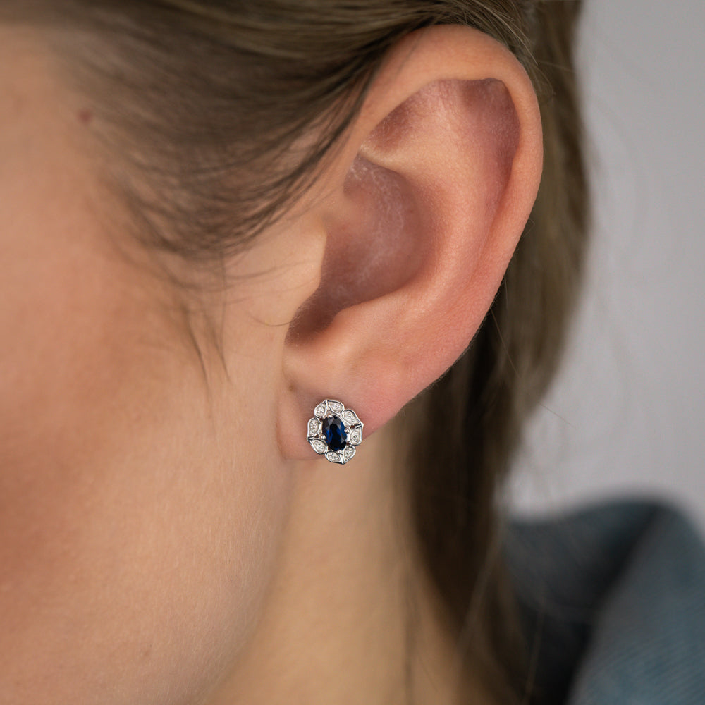 0.60 Carat Lab-Created Blue Sapphire and Diamond Stud Earrings in 9K White Gold - Elegant Jewelry for Weddings, Anniversaries & Special Occasions