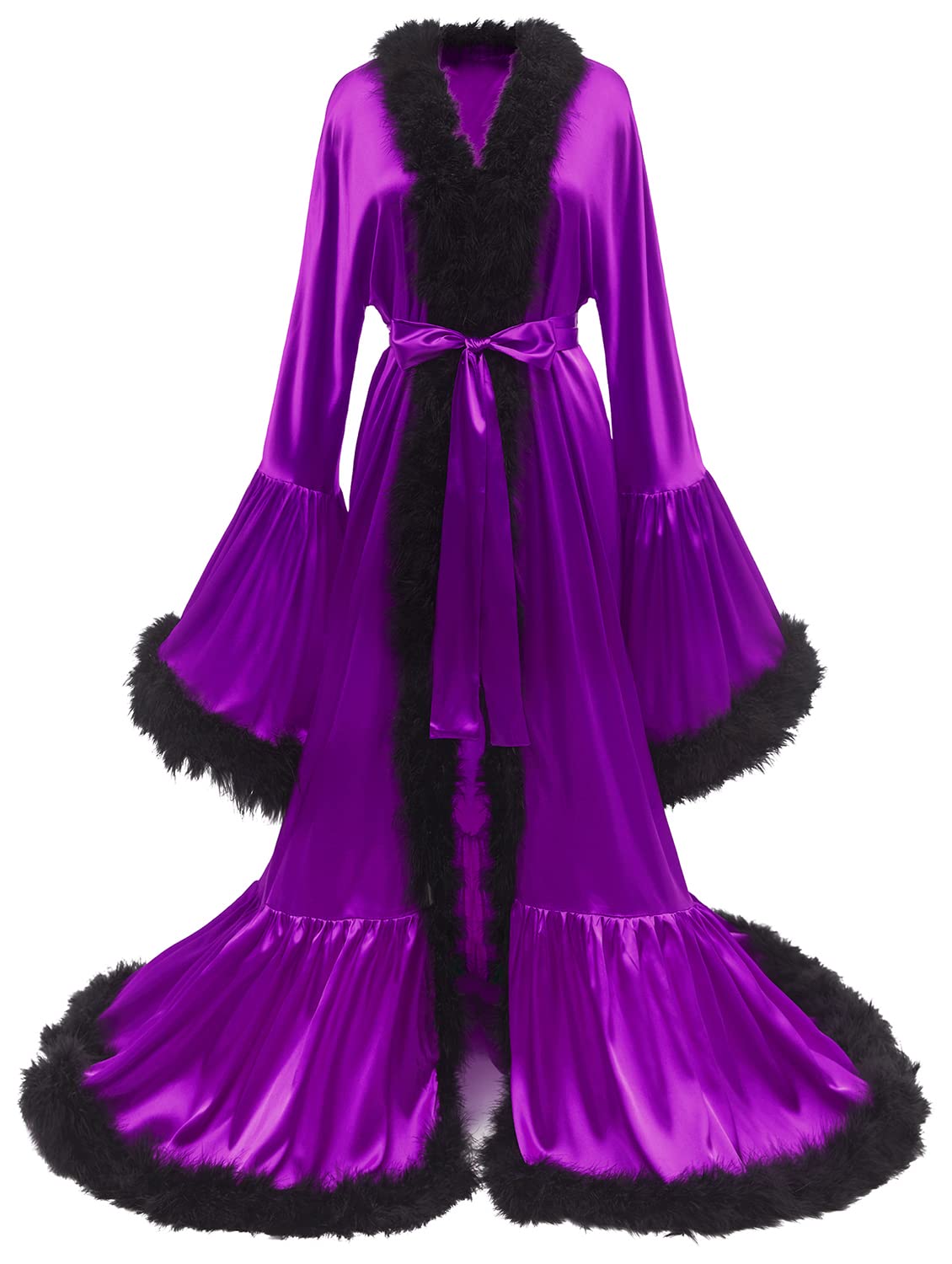 Luxury Feather Trim Silk Satin Bridal Robe - Long Tail Dressing Gown for Women, Elegant Sleepwear & Lingerie Nightgown - Perfect for Wedding, Honeymoon, Boudoir Photoshoot and Romantic Getaways