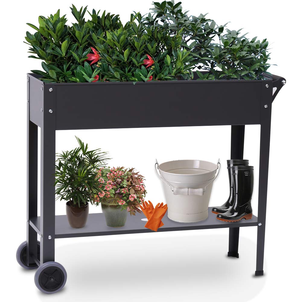 Dulce Domi 40x12x31.5 Inch Metal Raised Garden Bed with Wheels - 19.8 Gallon Large Planter Box for Flowers, Vegetables & Herbs - 110 lbs Capacity Elevated Garden Bed with Extra Storage Space - Perfect for Patio, Balcony & Backyard Gardening