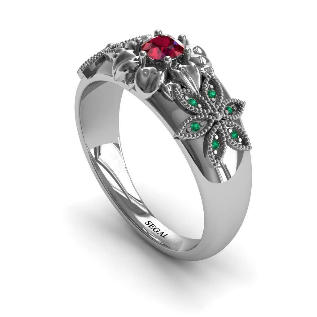 14K White Gold Victorian Engagement Ring with Ruby & Green Emerald Floral Design - Perfect for Proposals, Anniversaries & Romantic Gifts