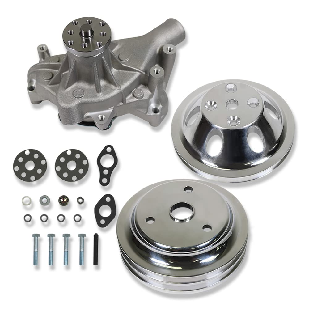 DEMOTOR PERFORMANCE Long Water Pump Satin Finish for SBC Chevy Small Block 350 327 305 - Aluminum Water Pump Pulley (1 Groove) & Crankshaft Pulley (2 Groove) - Engine Cooling System Upgrade for Hot Rods, Muscle Cars & Classic Chevy Restoration Projects