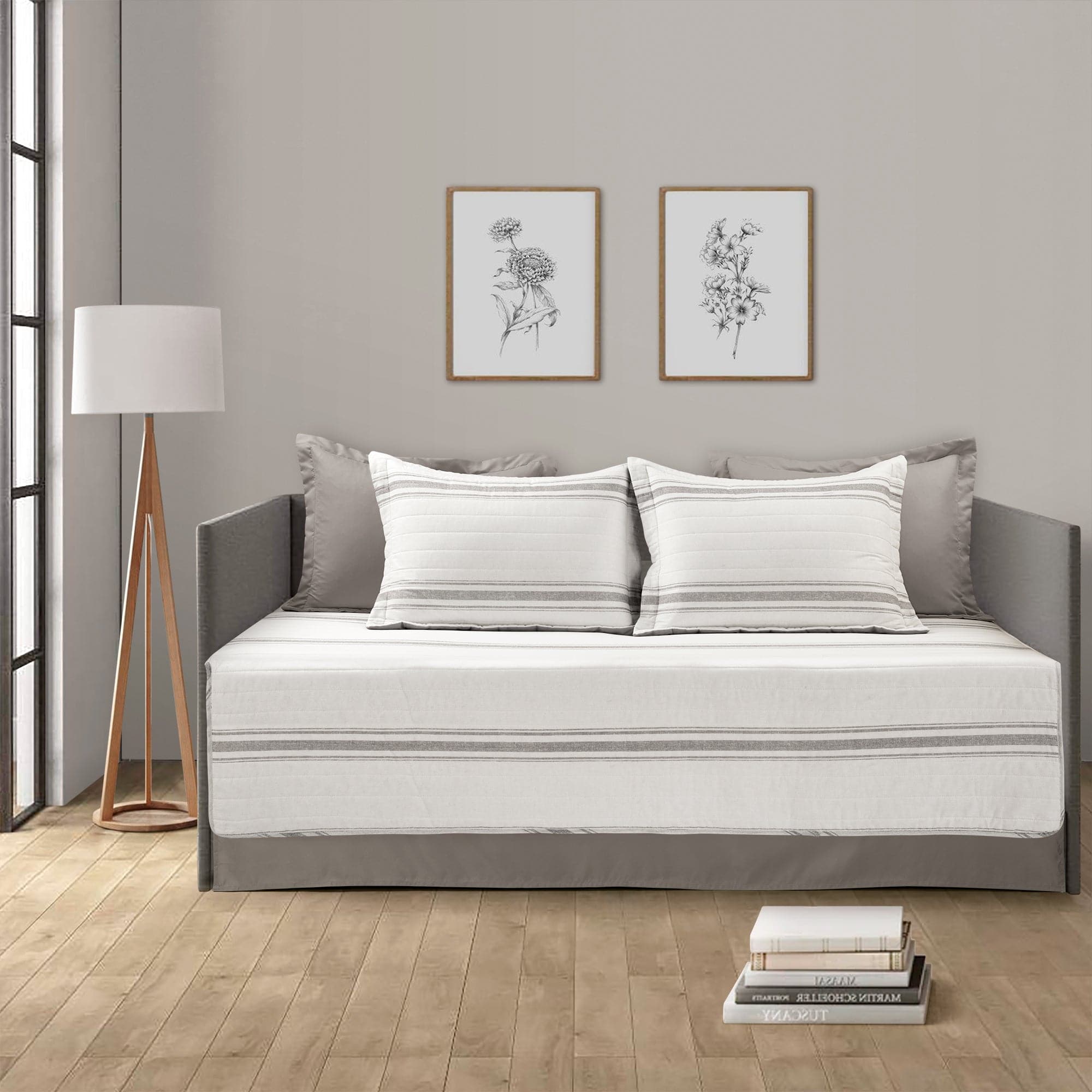 Farmhouse Stripe Cotton Daybed Cover 6-Piece Set - Soft & Breathable Bedding Set for Twin Daybeds - Perfect for Guest Rooms, Dormitories & Cozy Reading Nooks