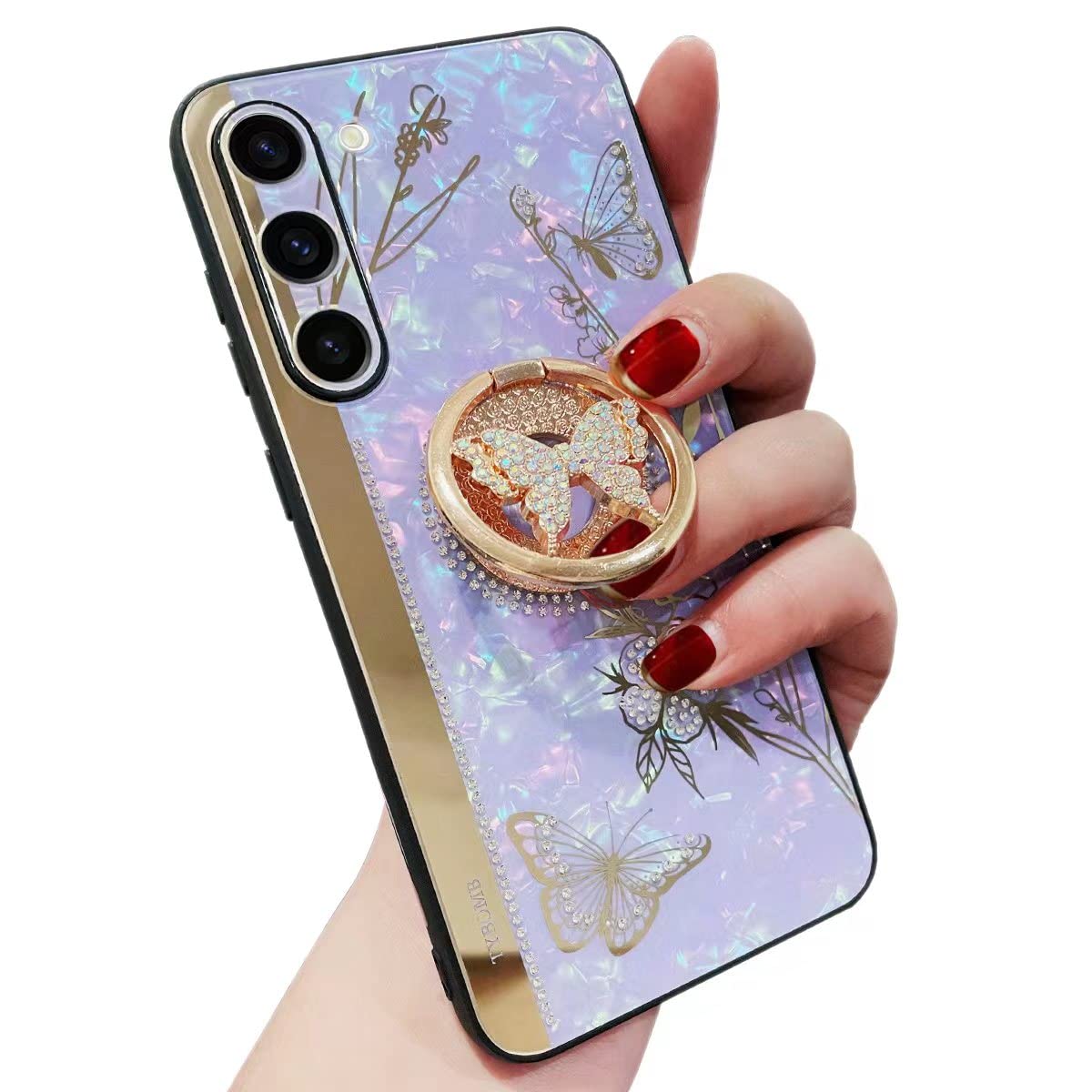 Topwin Galaxy S22 Case with Kickstand & Ring Holder - Marble Floral Butterfly Design, Shockproof Protective Cover for Samsung Galaxy S22 (Purple) | Perfect for Women & Girls - Office, Travel, Daily Use