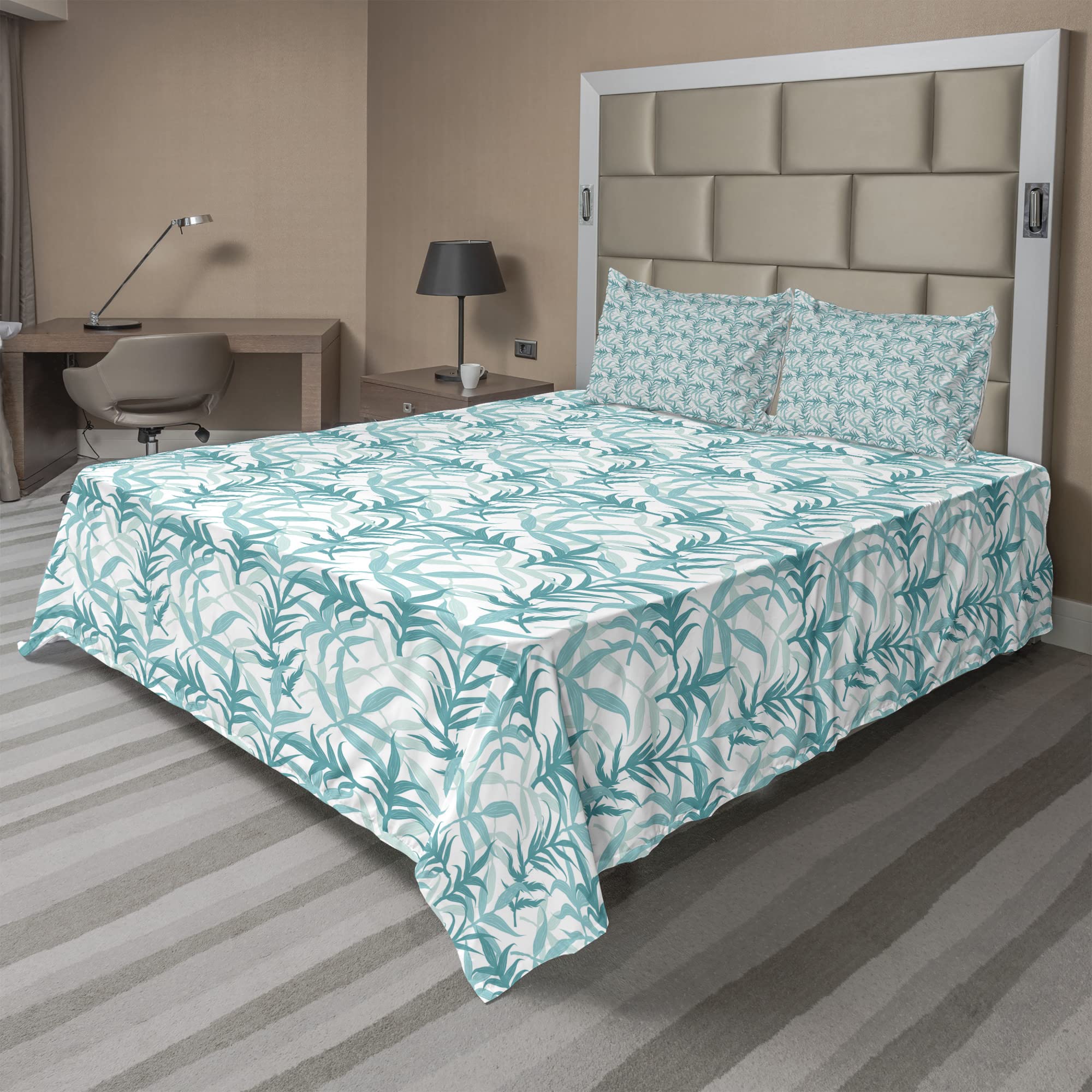 Ambesonne Floral King Size Sheet Set - 4 Piece Bedding with Continuous Branch & Leaf Pattern, White & Dark Seafoam - Fitted Sheet, Flat Sheet & 2 Pillowcases for Luxurious Bedroom Decor