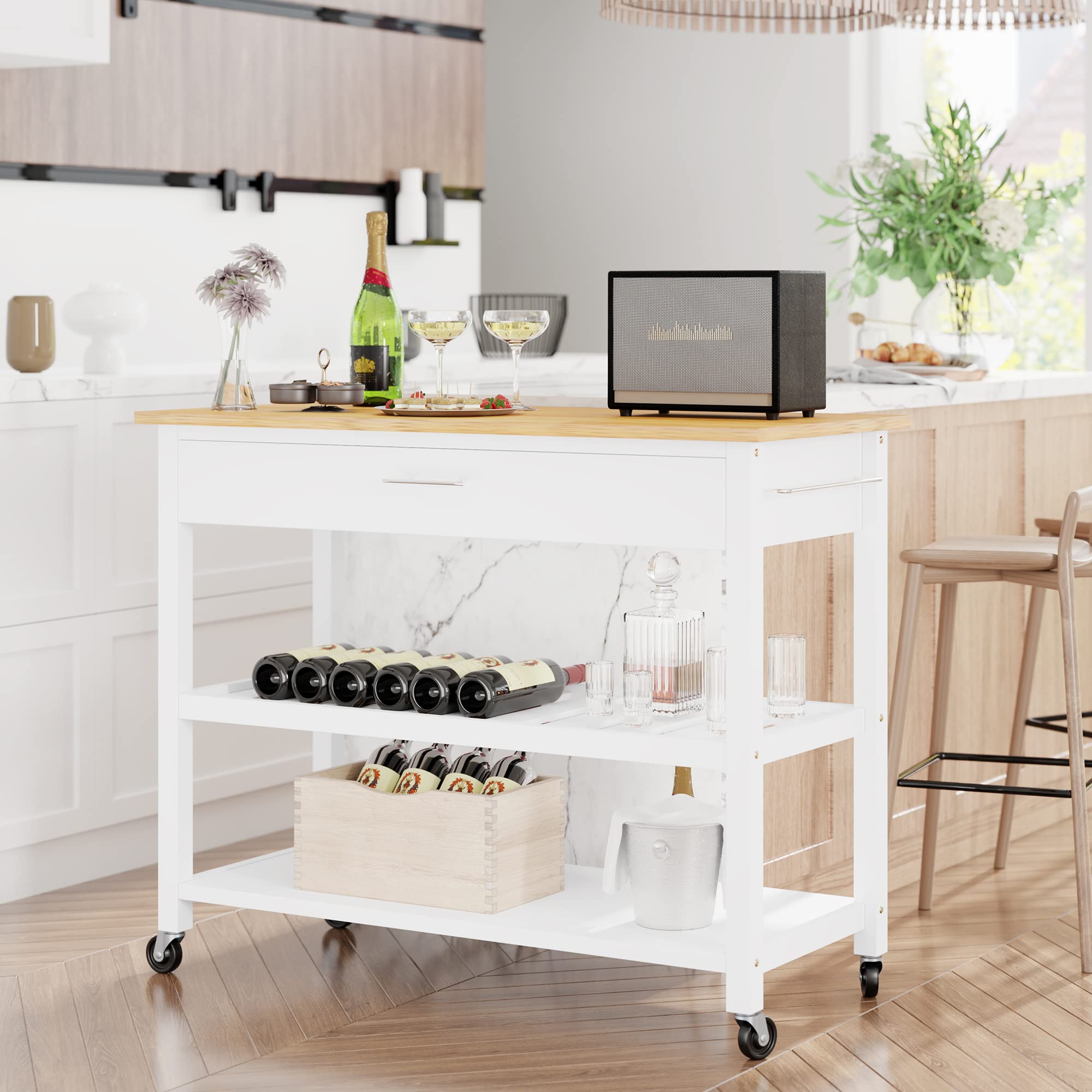 Shintenchi White Kitchen Island Cart with Storage - Rolling Side Table on Wheels, Large Worktop, Storage Cabinet, Towel Rack, Drawers & Open Shelves for Kitchen & Dining Room - Perfect for Small Spaces, Meal Prep & Extra Counter Space