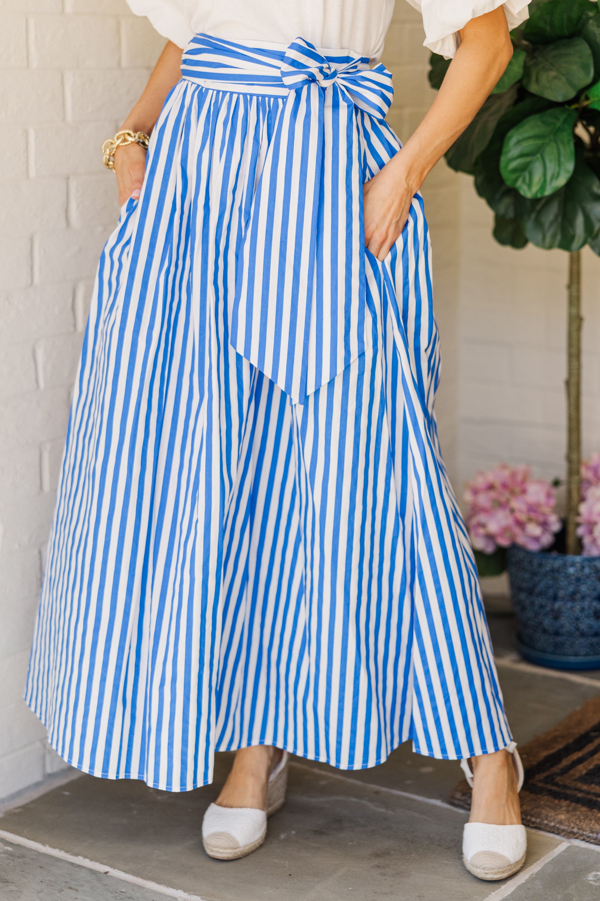 Blue Striped Maxi Skirt for Women - Flowy Long Summer Skirt with Side Slit - Perfect for Beach, Vacation & Boho Outfits