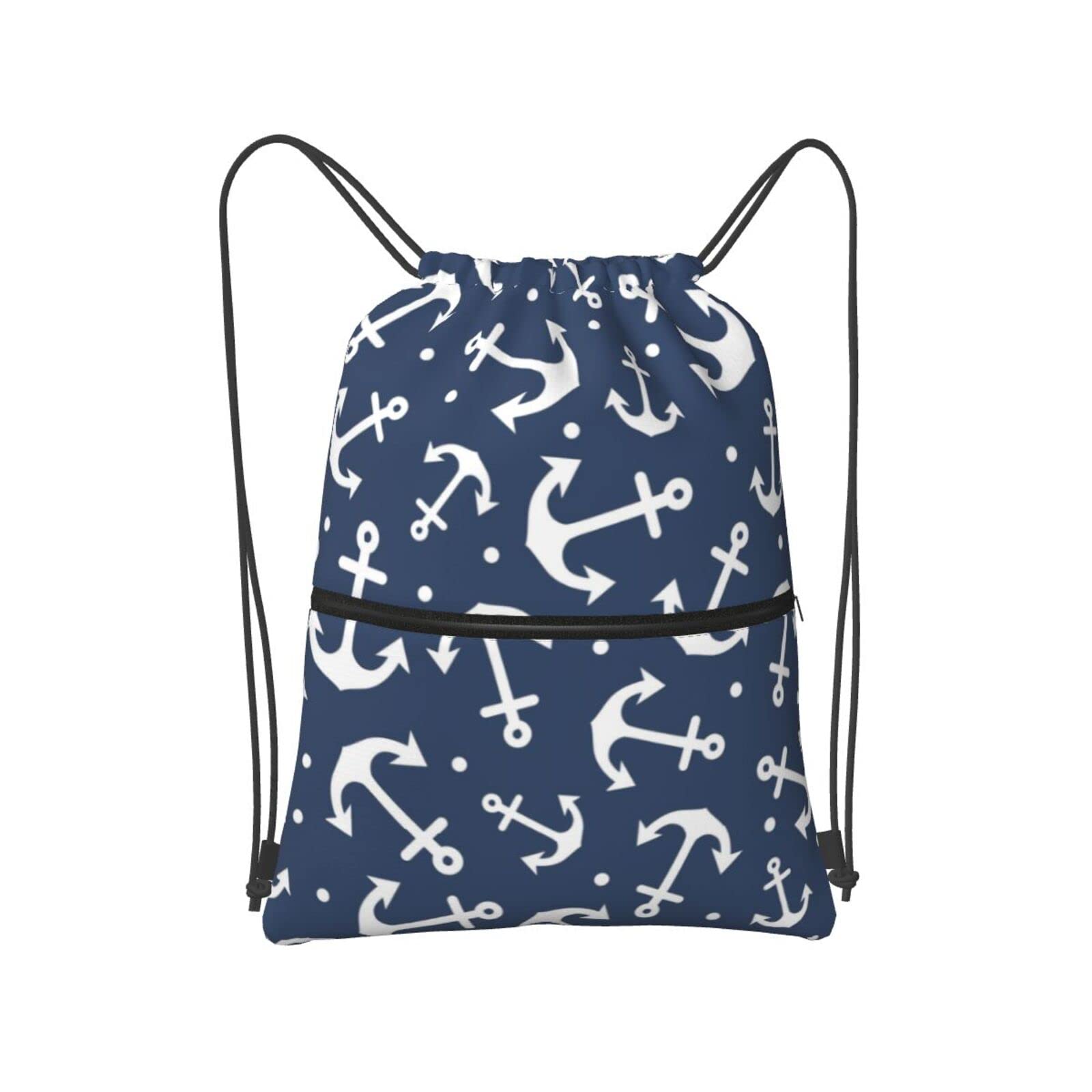 **Waterproof Navy Blue Anchor Drawstring Backpack with Front Zipper Pocket - Large Gym Sports Sackpack for Women, Men, Boys & Girls - Perfect for Workouts, Travel, and School**