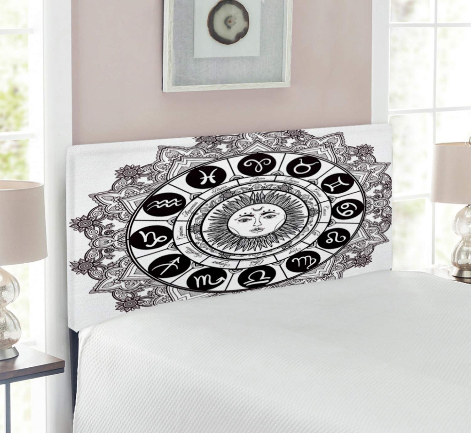 Ambesonne Zodiac Upholstered Headboard - Twin Size Black Grey Memory Foam Bed Headboard with Mandala Pattern & Astrology Houses Design | Perfect for Bedroom Decor, Guest Rooms & Astrology Lovers