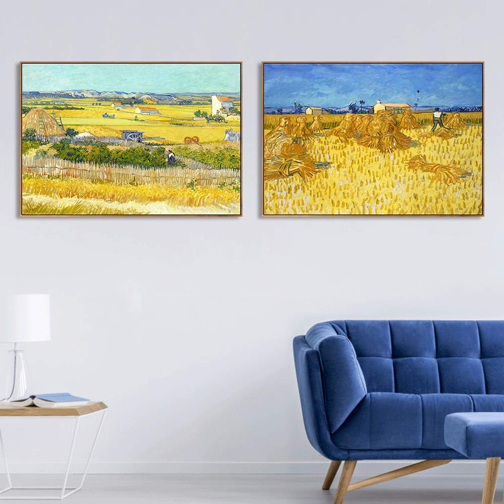Vincent Van Gogh Framed Canvas Wall Art Set - 2 Piece Giclee Print Combo with Wood Slim Frame (20x28 inches) | Living Room, Bedroom & Office Decor | Famous Starry Night Painting Reproduction for Home Interior Design