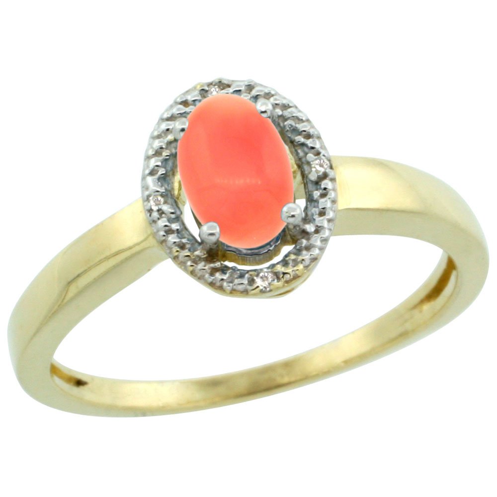 10K Yellow Gold Diamond Halo Natural Coral Oval Engagement Ring 6x4mm - Size 5-10 - Perfect for Wedding, Proposal & Anniversary Gifts