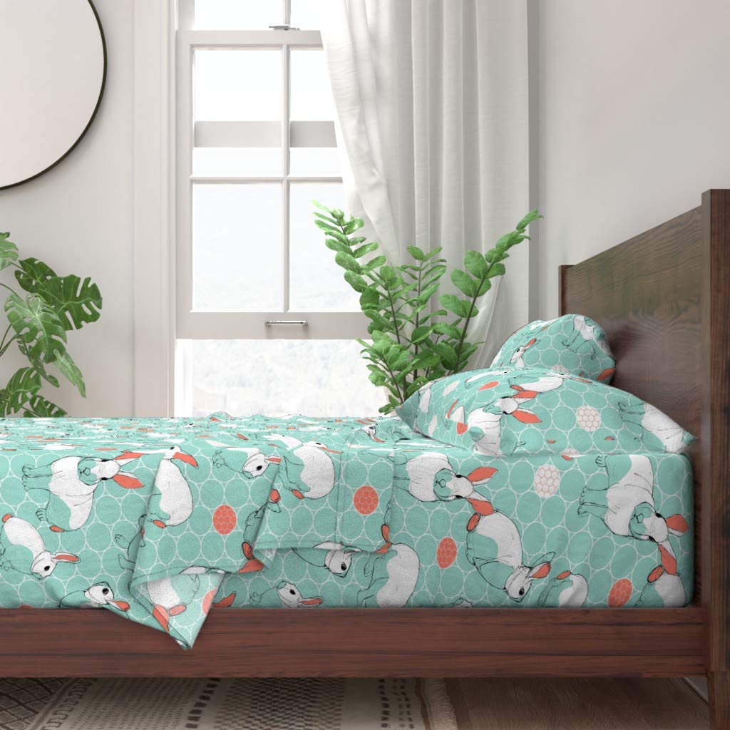 Spoonflower 100% Cotton King Size 4-Piece Bed Sheet Set - Bunny Rabbit Easter Egg Nursery Gender Neutral Print Custom Bedding for Kids Room & Baby Shower Gift