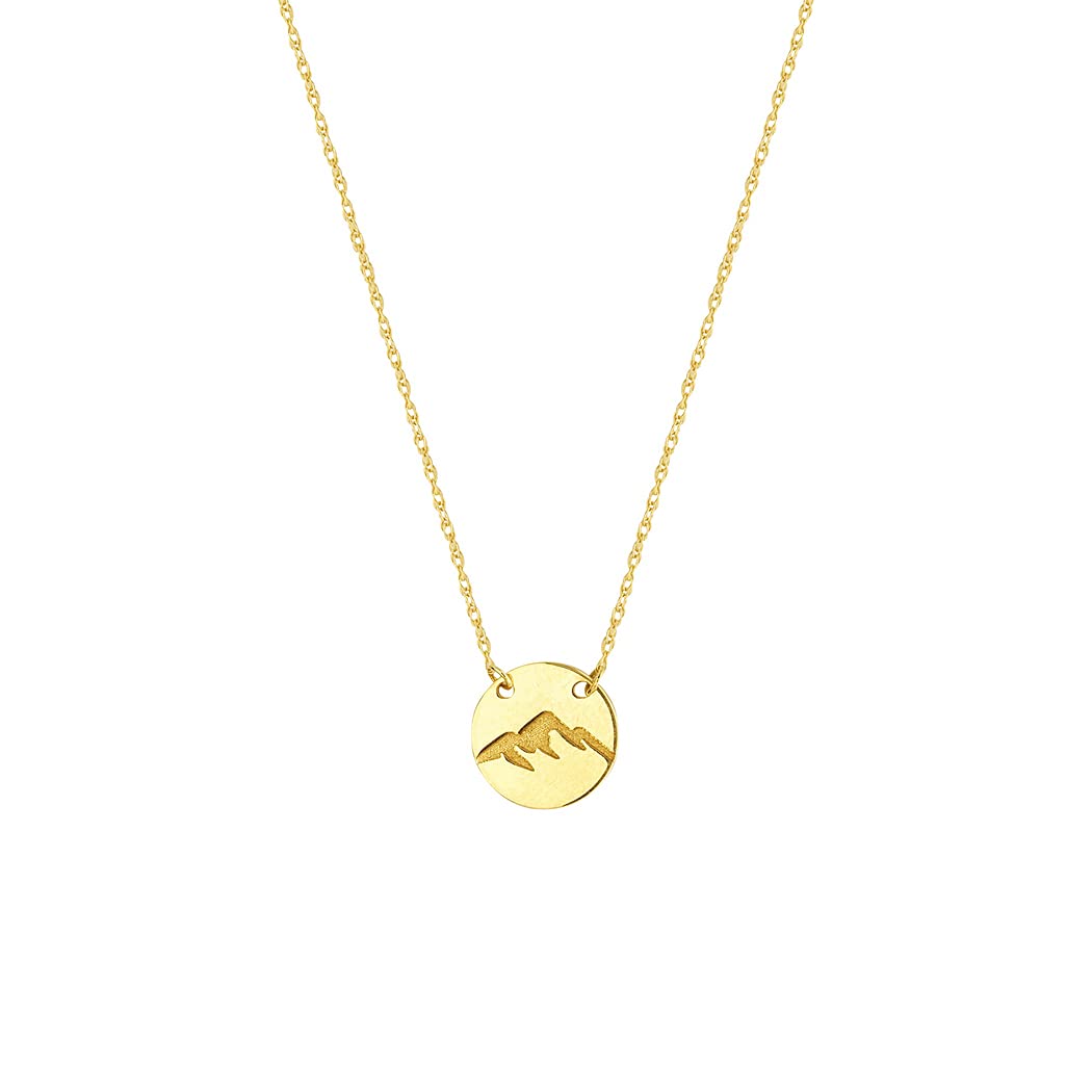 14K Yellow Gold 9mm Engraved Mountain Disk Adjustable Necklace - 18 Inch Spring Ring Closure Jewelry for Women | Perfect for Everyday Wear, Gifts & Special Occasions