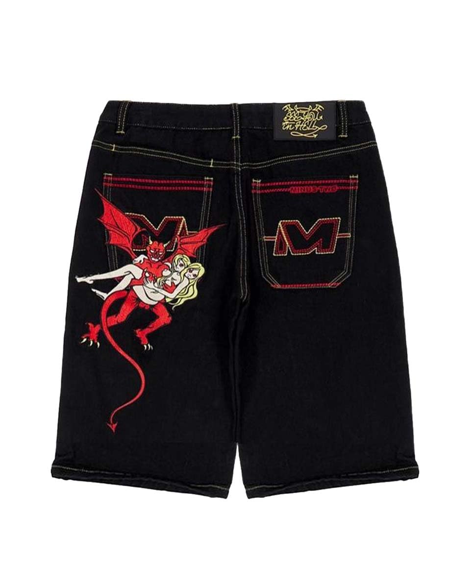 Y2K Retro Devil Print Men's Cargo Jeans - Elastic Waist Hip-Hop Gym Shorts, Straight Wide-Leg Pants for Streetwear & Workout | Trendy Urban Fashion