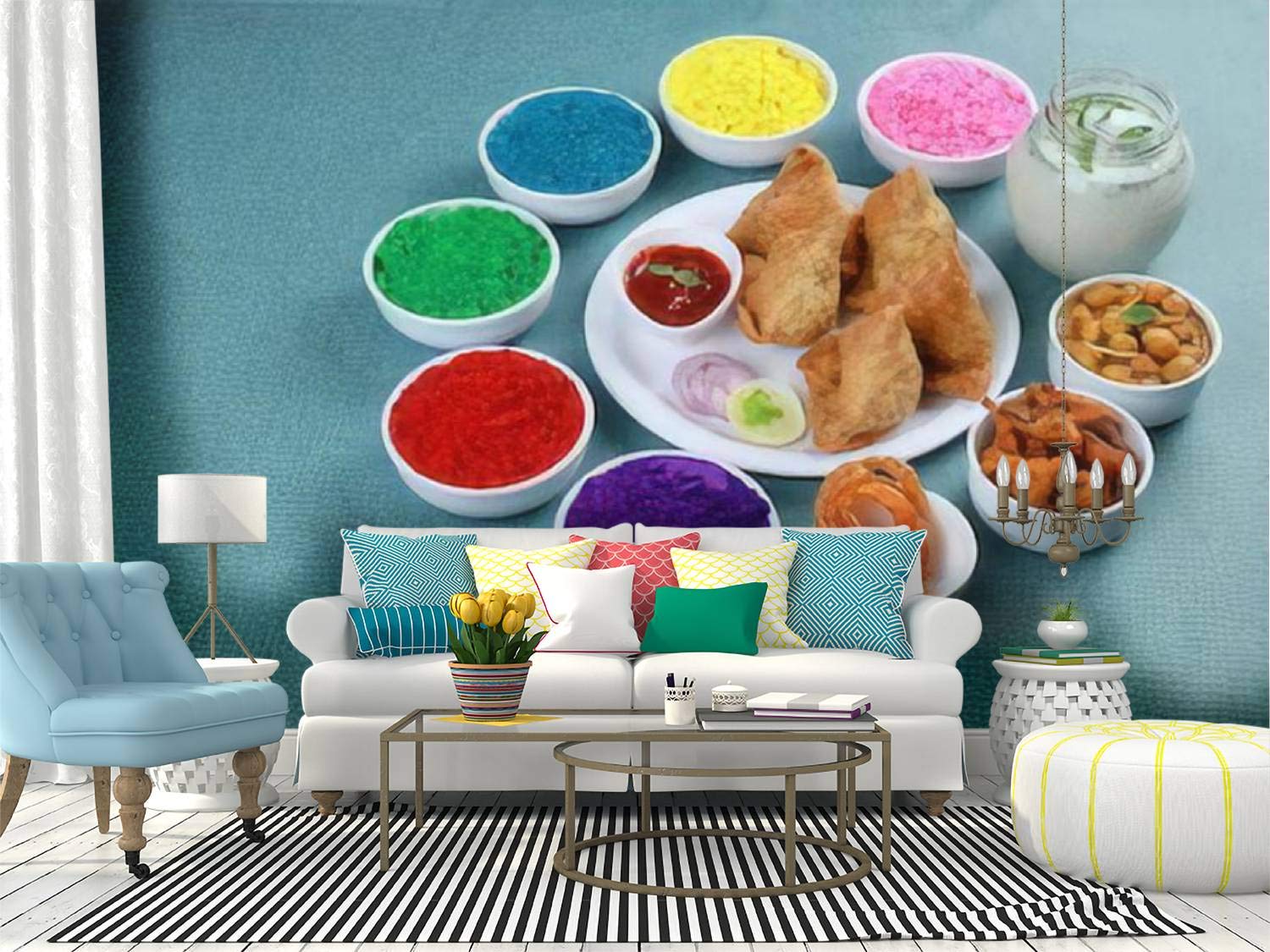 Peel and Stick Wallpaper - Indian Holi Festival Celebration with Samosa, Bhang Milk & Gulal - Self-Adhesive Removable Vinyl Wall Mural for Home Decor | Perfect for Living Room, Bedroom, or Party Backdrop