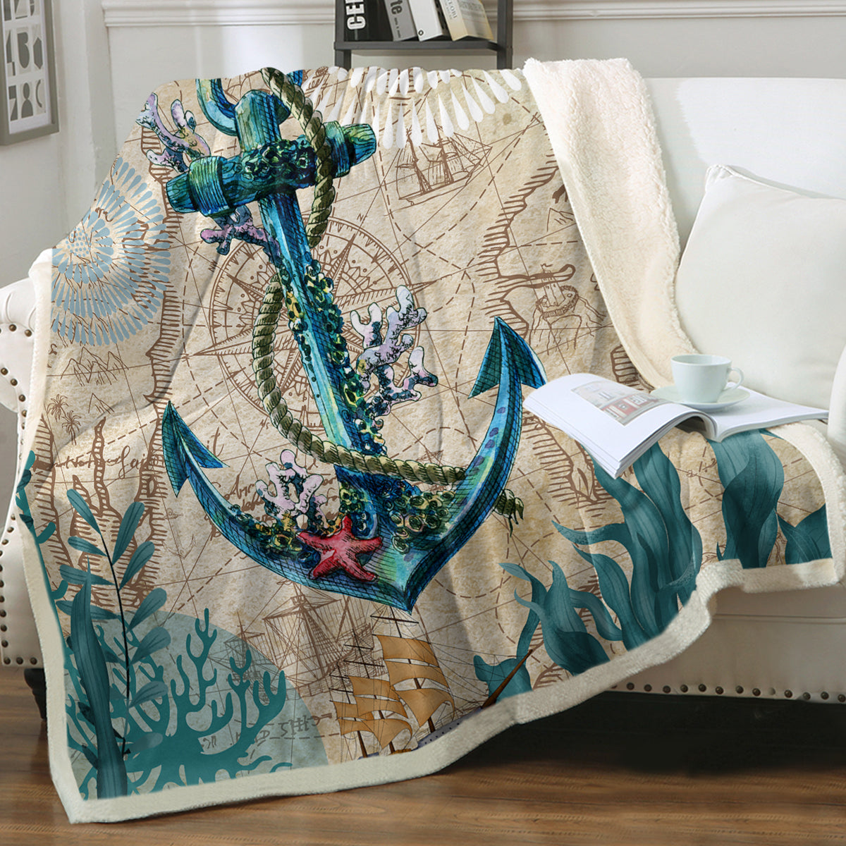 Cozy Soft Sherpa Fleece Blanket - Plush Warm Throw for Bed, Couch & Travel - Anchor Love Design - Perfect for Winter, Camping & Gifts