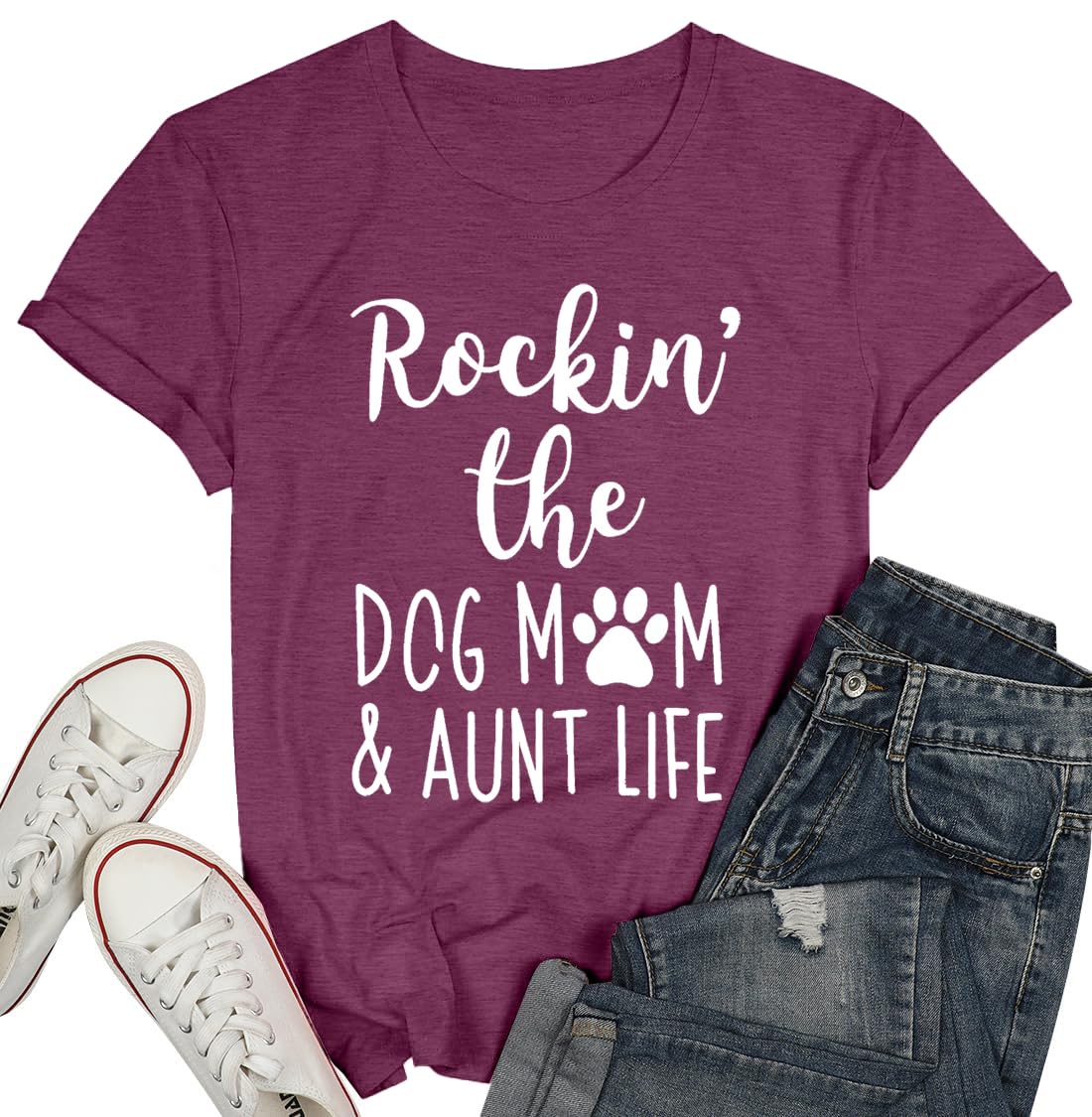 Funny Dog Mom T-Shirt for Women - Cute Dog Paw Graphic Tee - Rockin' The Dog Mom Life - Perfect Gift for Dog Lovers - Short Sleeve Casual Top - Great for Dog Parks, Pet Playdates & Everyday Wear