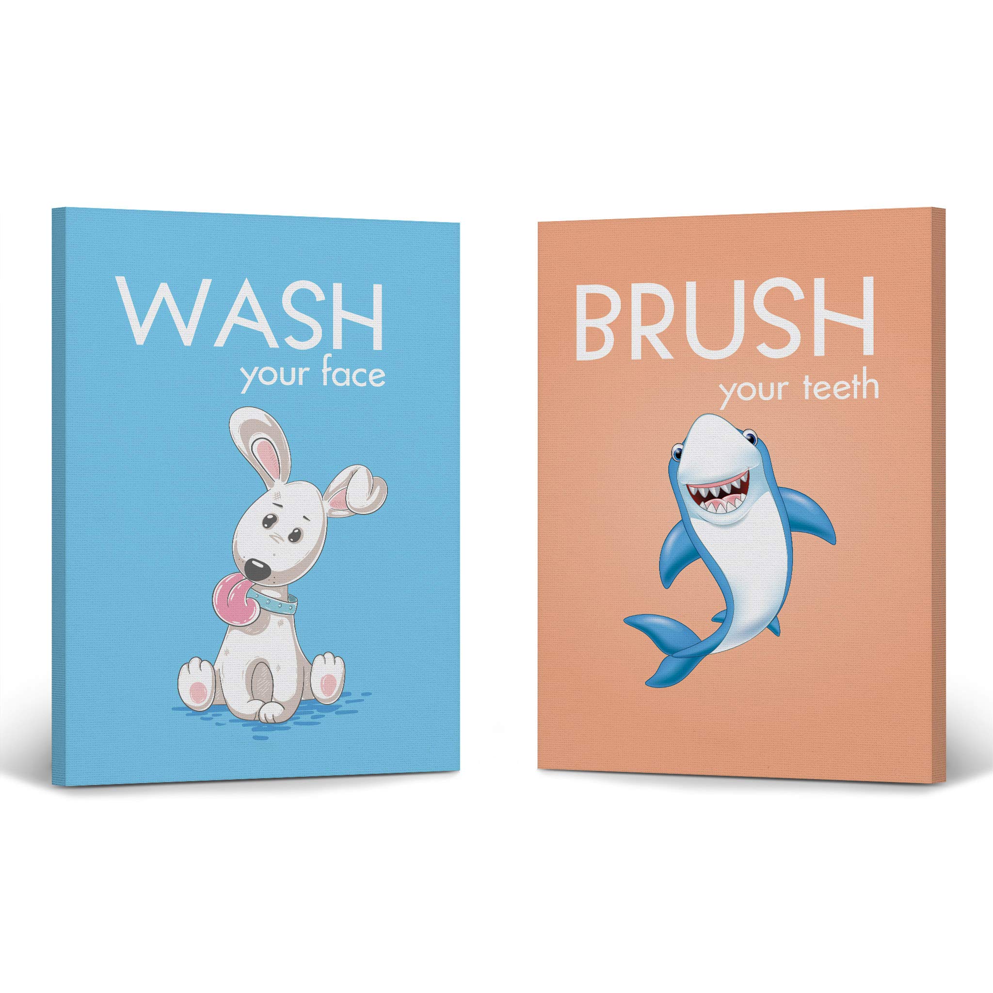 Funny Bathroom Wall Art Set - 2 Piece Canvas Prints with 'Wash Your Face Brush Your Teeth' Quote | Kids Nursery & Bathroom Decor | Ready to Hang (28x19 inches) | Perfect for Family Bathrooms, Kids' Rooms & Playful Home Decor