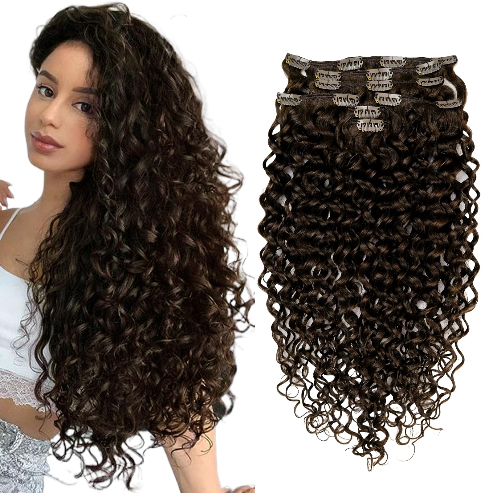 7pcs Curly Human Hair Clip-in Extensions with 16 Clips - 120g Soft Thick Wavy Real Human Hair in Dark Brown #2 for Volume & Length - Perfect for Parties, Weddings & Daily Styling