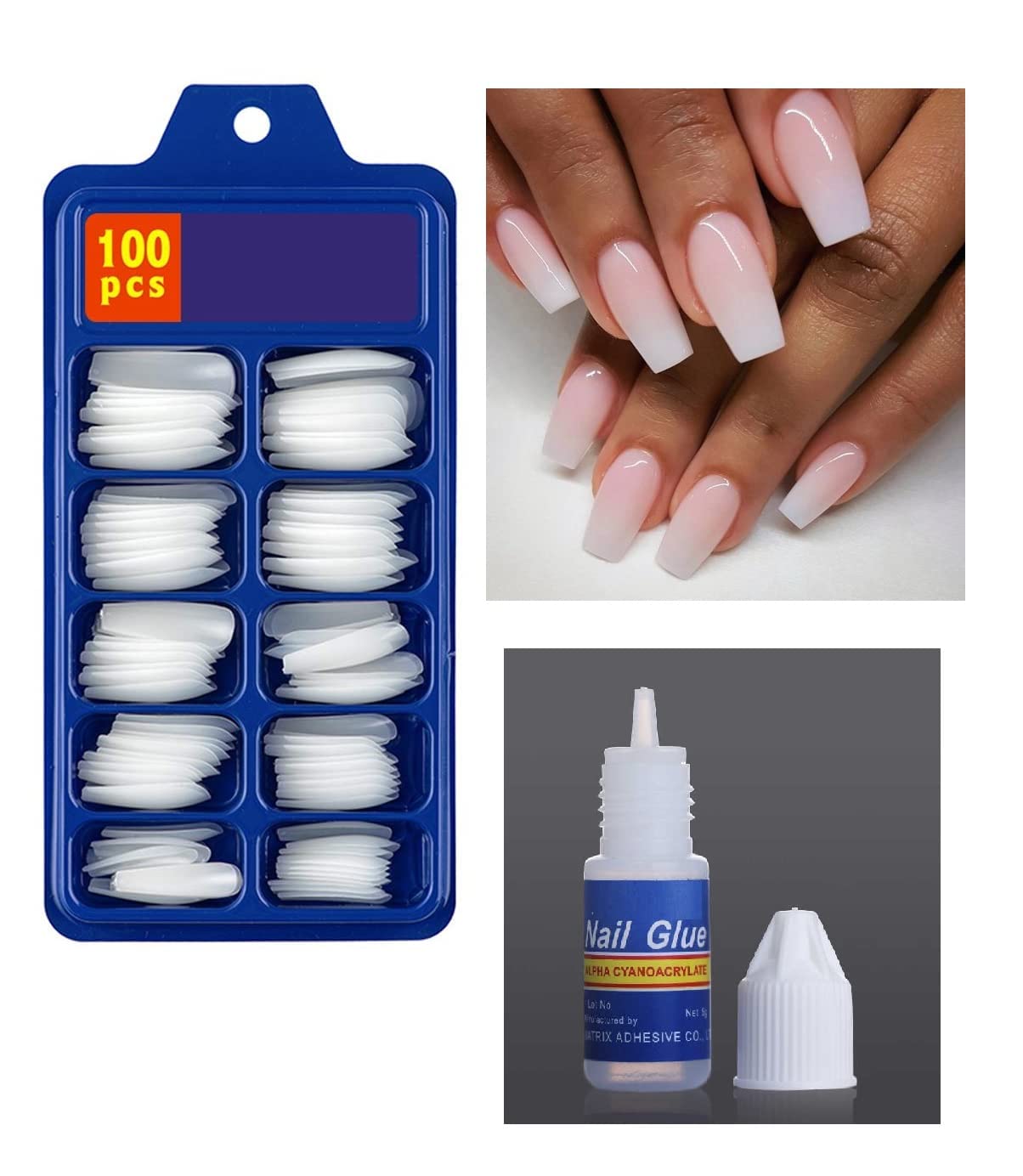 ELITEWAVE 100Pcs Acrylic Fake Nails Kit with Nail Glue - White Artificial Nails for Manicure & Nail Art | Perfect for Parties, Weddings, and Special Occasions