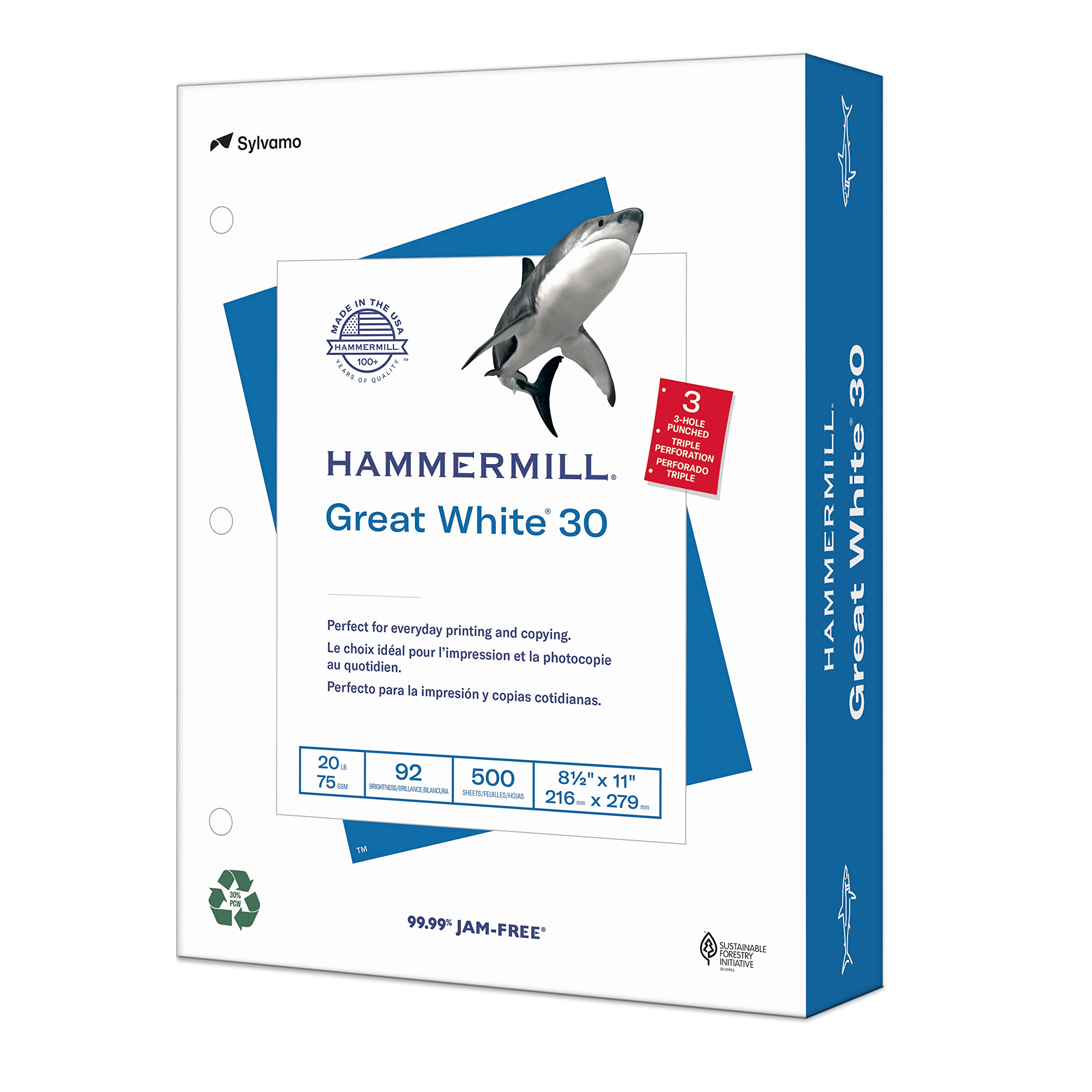 Hammermill Great White 30% Recycled Printer Paper - 92 Bright, 3 Hole Punched, 1 Ream (500 Sheets) | Made in USA | Ideal for Office Printing, School Projects & Eco-Friendly Home Use