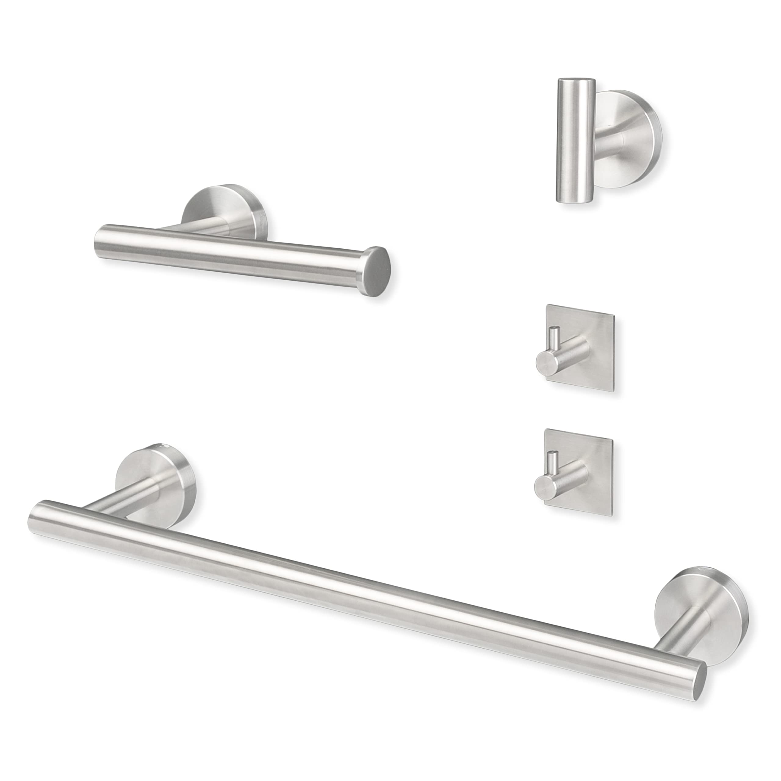 Ilyapa 5-Piece Brushed Nickel Bathroom Hardware Set - Wall Mounted Towel Bar, Toilet Paper Holder & Hooks (1 Large + 2 Small) for Modern Bathrooms - Satin Nickel Finish for Home & Hotel Use