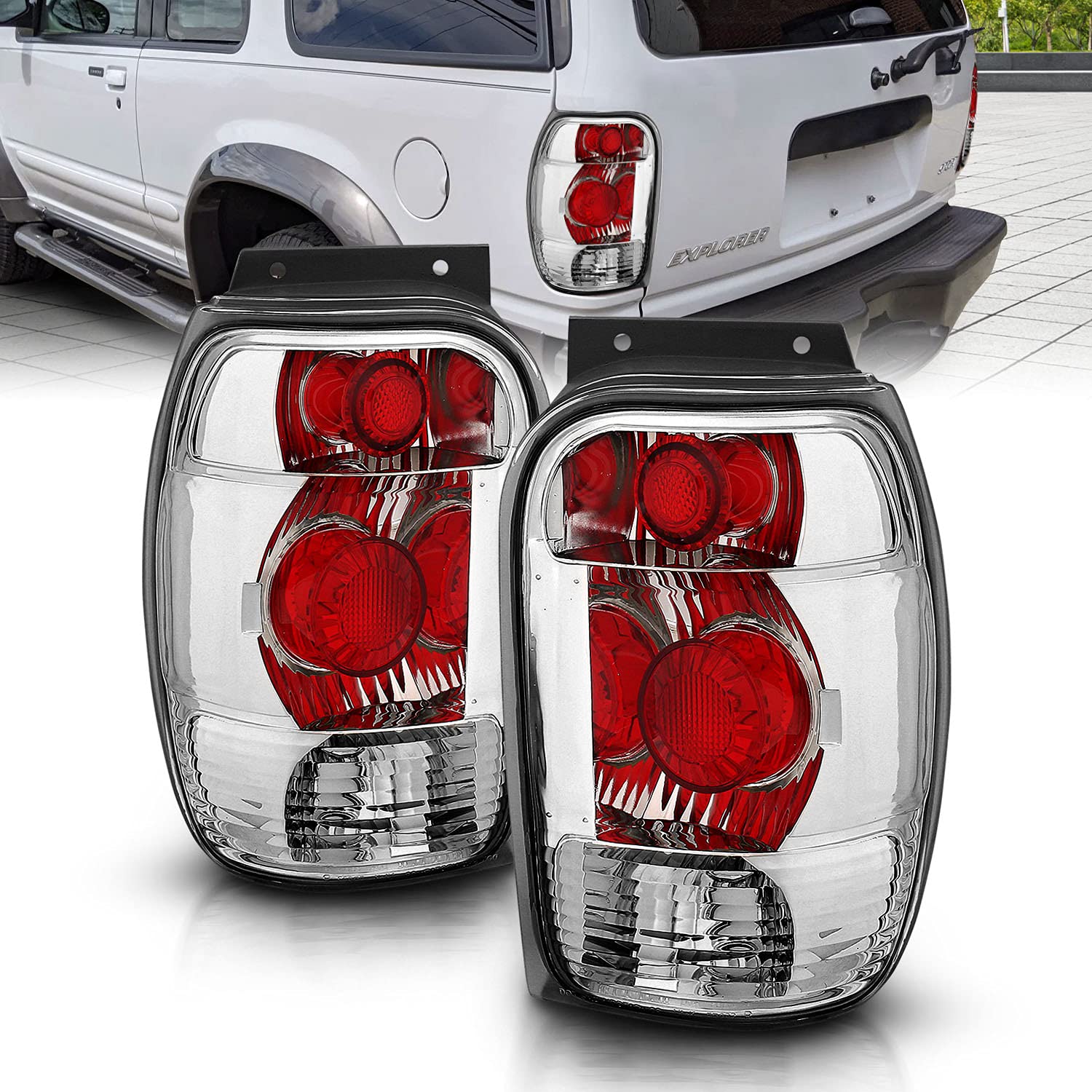 AmeriLite Chrome Replacement Brake Tail Lights Set for 1998-2001 Ford Explorer - Left & Right Side Pair - Enhances Safety & Style for Night Driving & Off-Road Adventures