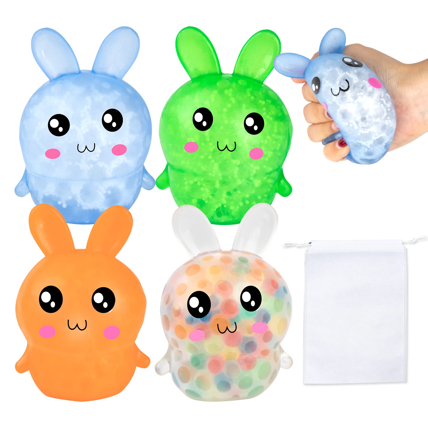 Squishy Easter Bunny Stress Balls - Water Bead Filled Sensory Toys for Kids & Adults | Easter Basket Stuffers, Party Favors, Stress Relief & Anxiety Fidget Toys for Classroom, Office & Home Use