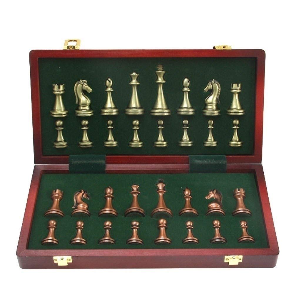 JHSHENGSHI Classic Solid Wood Folding Chess Set with Glossy Bronze & Brass Pieces - Professional Chess & Backgammon Game Set for Adults & Kids - Perfect for Home, Office, Travel & Intellectual Entertainment