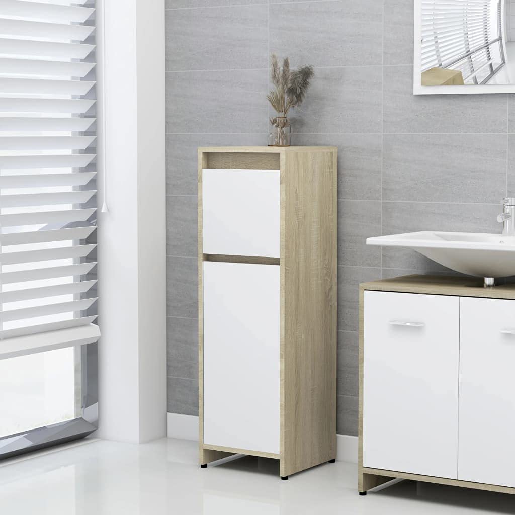 Waterproof Storage Cabinet with Doors - Bathroom, Kitchen, Hallway, Entryway & Bedroom Organizer - White & Sonoma Oak - 11.8