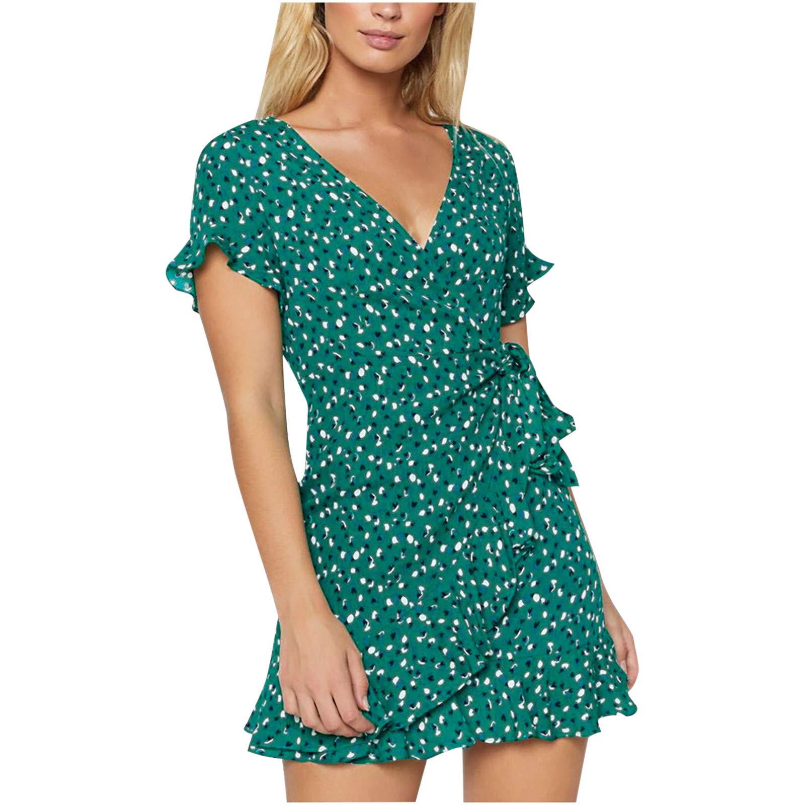 Women's Short Sleeve Wrap Dress with Ruffle Hem & Floral Print - V-Neck Chiffon Bandage Bodycon Dress for Summer, Beach, Party & Date Night Outfits