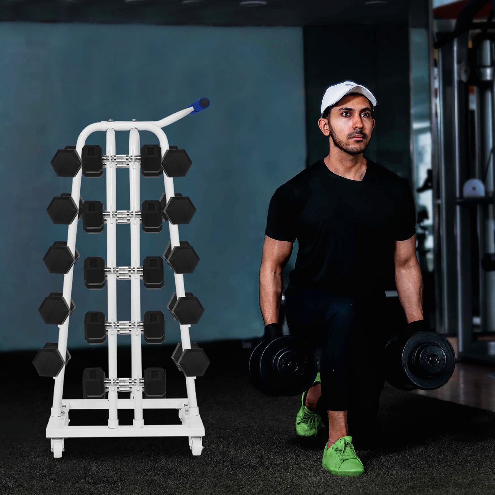 Heavy Duty Dumbbell Rack Stand with 4 Wheel & Curved Hooks - Adjustable Weight Rack for Dumbbells Storage - Movable Weight Holder Tree for Home Gym, Garage, or Fitness Studio (White)